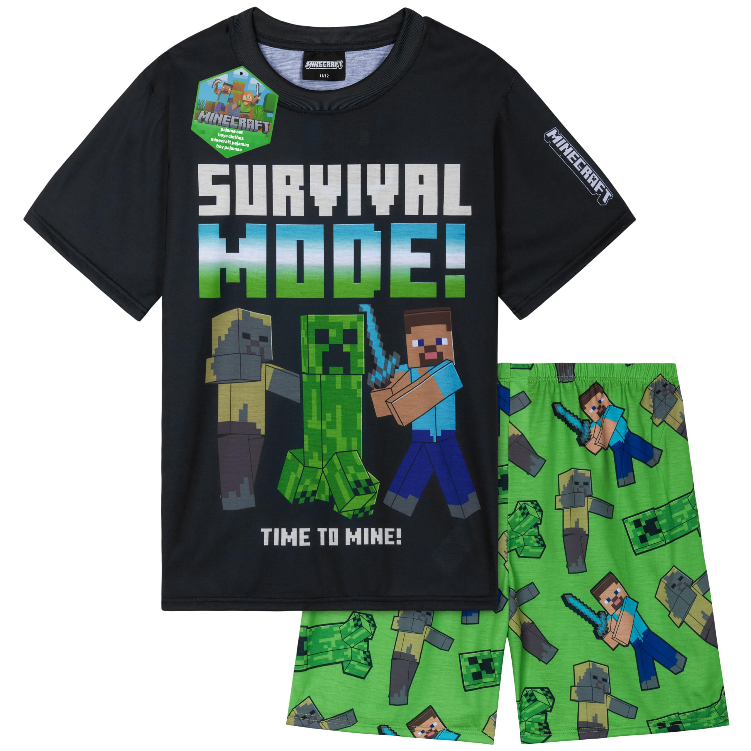 Pyjama Court Garçon Minecraft Officiel - Ensemble Manches Courtes + Short, Tissu Doux Respirant, Pyjamas Enfant & Ado Confortables