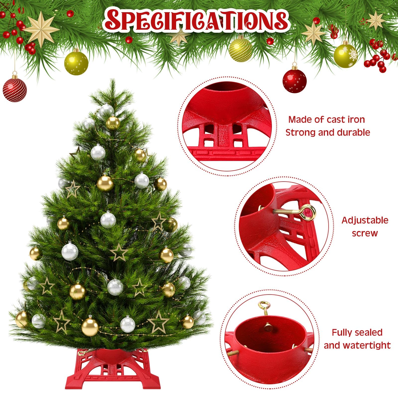 Huwena Support de sapin de Noël avec réservoir d'eau de 2,4 m, support de sapin de Noël artificiel véritable pour sapin de Noël jusqu'à 12,7 cm, base en fonte pour décoration rustique de Noël (rouge