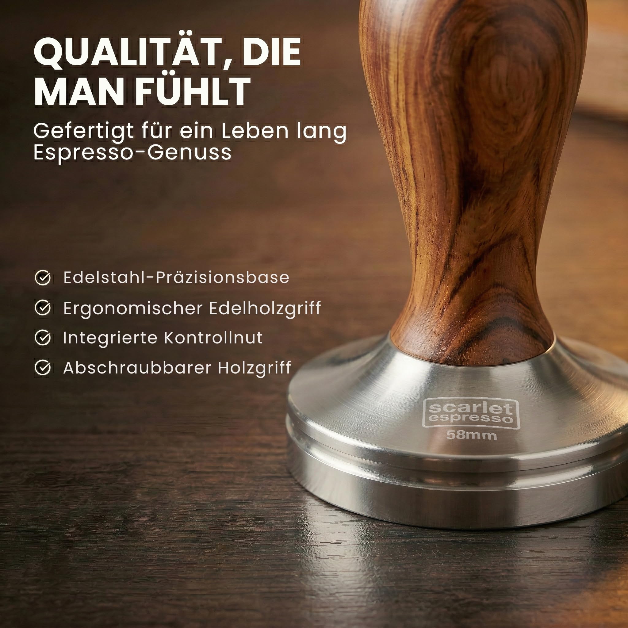 'Scarlet Espresso Classic – Prensador con marrón/negro inoxidable mango de madera para cafeteras, Set Ebenholz - Schwarz + Tamper Ablage, 41 mm