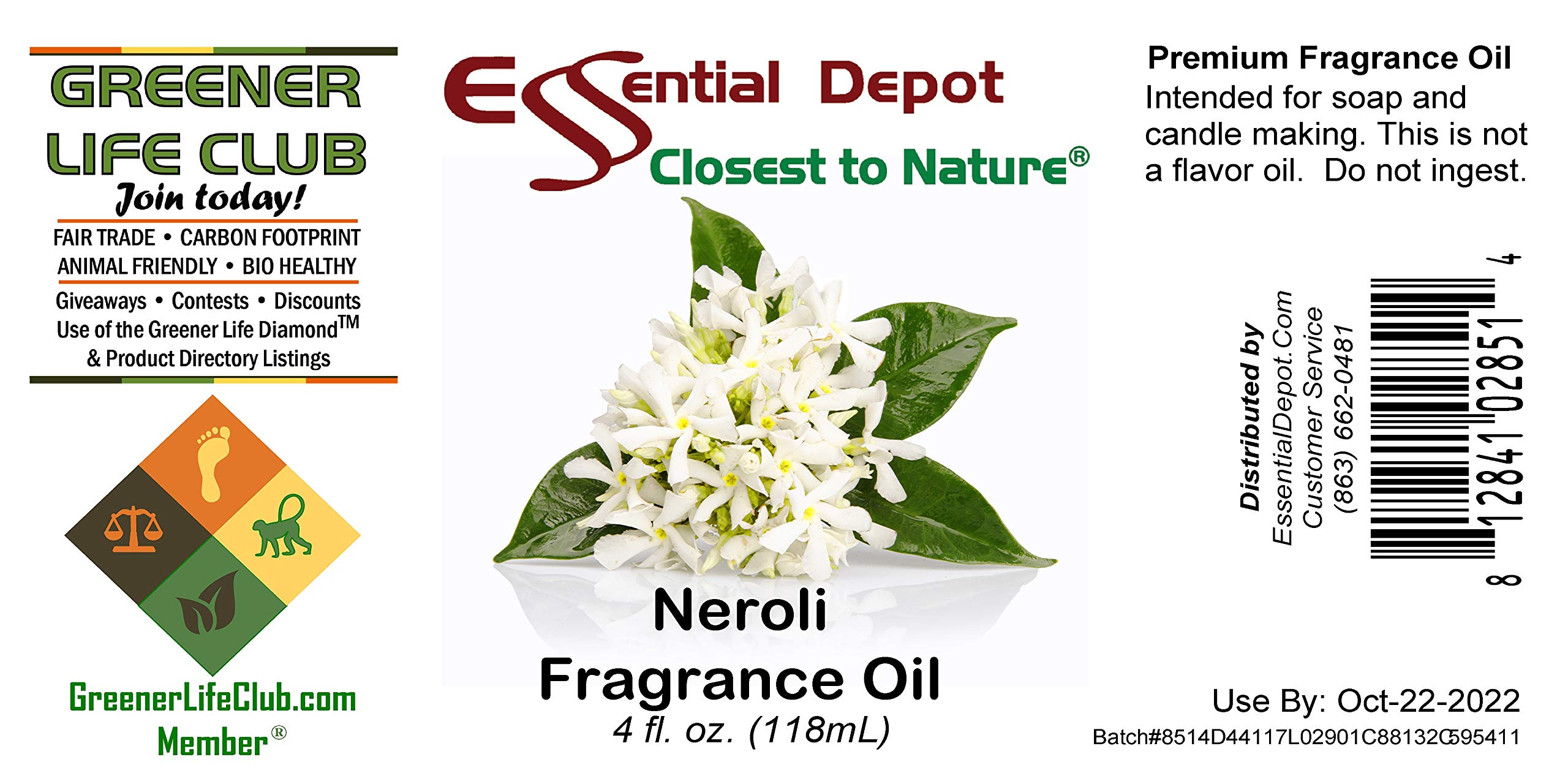 Neroli Fragrance Oil - 4 oz - Supplied in 4 oz. Amber Glass Bottle with Black Phenolic Cone Lined and Safety Sealed Cap