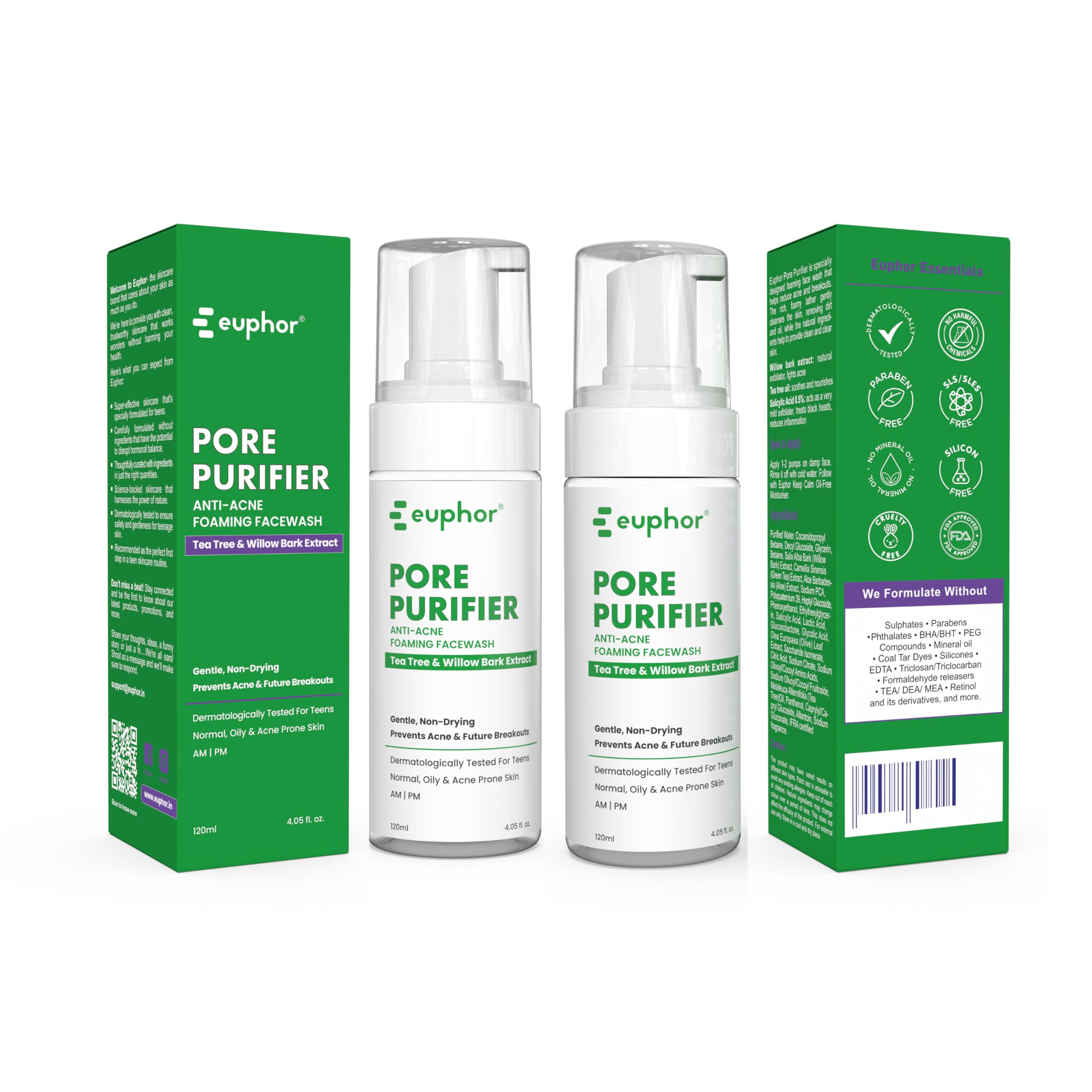 Euphor Teens | Anti-acne Foaming Face wash- Pore Purifier | Prevents Acne, Pimples and Future Breakouts | Salicylic Acid 0.5%, Tea Tree, Green Tea | Oily and Acne-prone Skin | No Parabens and Sulphates | 120ml (2pc) | For Women and Men