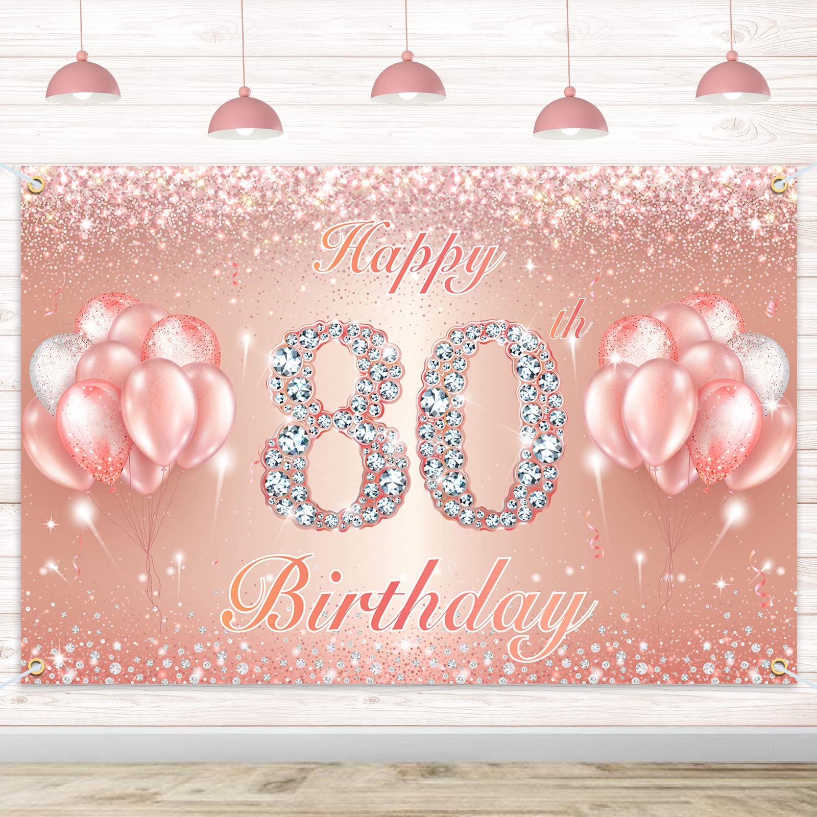 Happy 80th Birthday Banner Backdrop - 80 Birthday Party Decorations Supplies for Women or Men - Rose Gold 4 x 6ft
