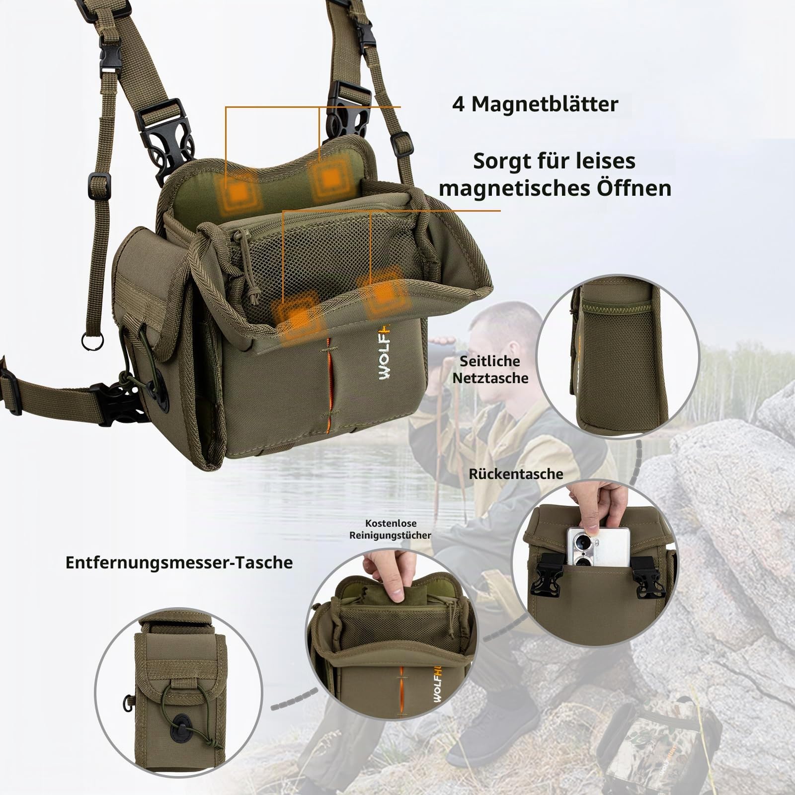 WOLFHUNT Fernglas-Brusttasche, Magnetverschluss, Bino-Tasche mit Abnehmbarer Entfernungsmesser-Tasche, Camouflage-Bino-Tasche