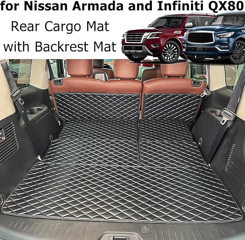 Miniatura 2 de Para Nissan Armada 2017-2024  11-13 Infiniti QX56  2014-2024 QX80 Alfombrilla de maletero y 2 fila 3 fila trasera alfombrilla de carga para respaldo