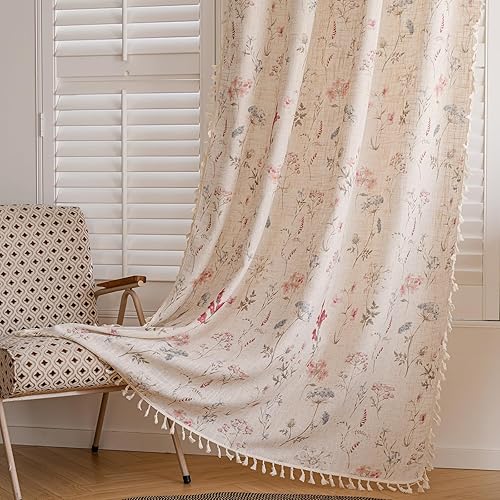 STACYPIK Cortinas rústicas florales para ventana, cortinas semiopacas transpirables de 63 pulgadas de largo, 2 paneles lavables, cortinas filtrantes