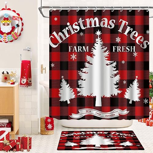 Miniatura 3 de flowerlove Juego de cortinas de ducha de Navidad con alfombras para baño, 4 piezas de tela duradera y ganchos para baño de rejilla roja y negra,