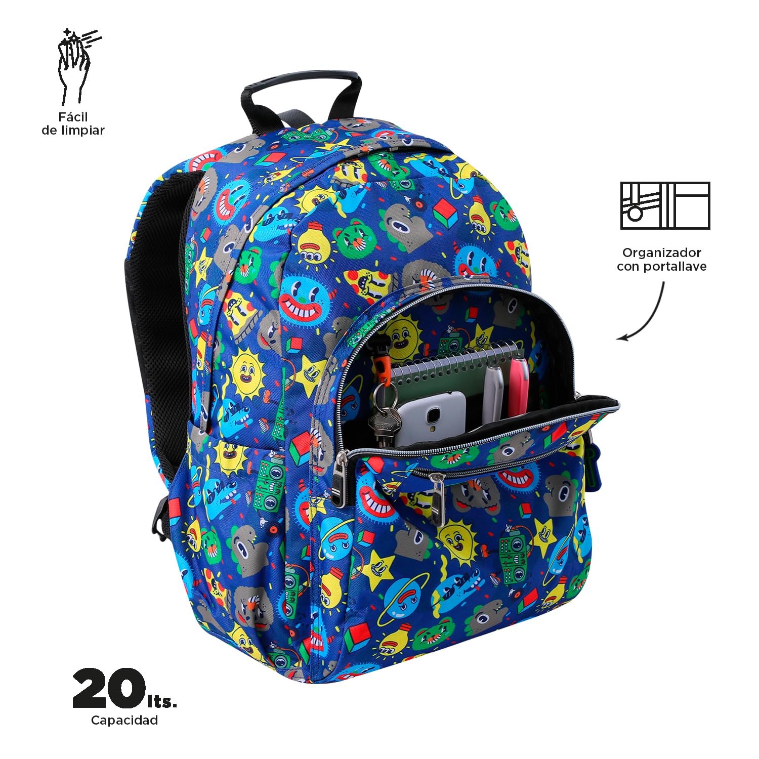 TOTTO - Mochila Escolar Adaptable a Carro, Modelo Acuareles, Capacidad 20 L, Bolsillo para Pc 14", 2 Bolsillo Botella, Espaldar Ergonómico con Flujo de Aire, Cómodas Correas en S, Estampado Tello