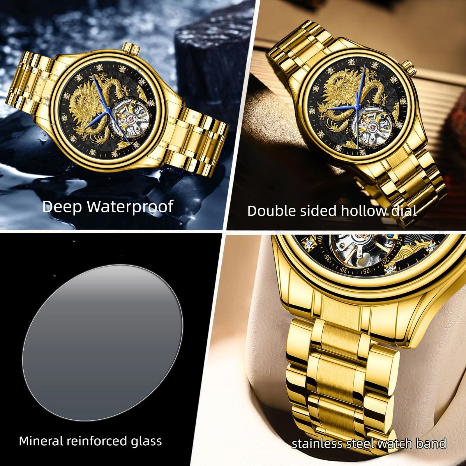 Luxuriöse ausgehöhlte Tourbillon Herren-Automatik-mechanische Uhr mit goldenem Drachenmuster geschnitztem Zifferblatt, Diamant-Skala Skelett-Armbanduhr, Edelstahl wasserdichtes Armband