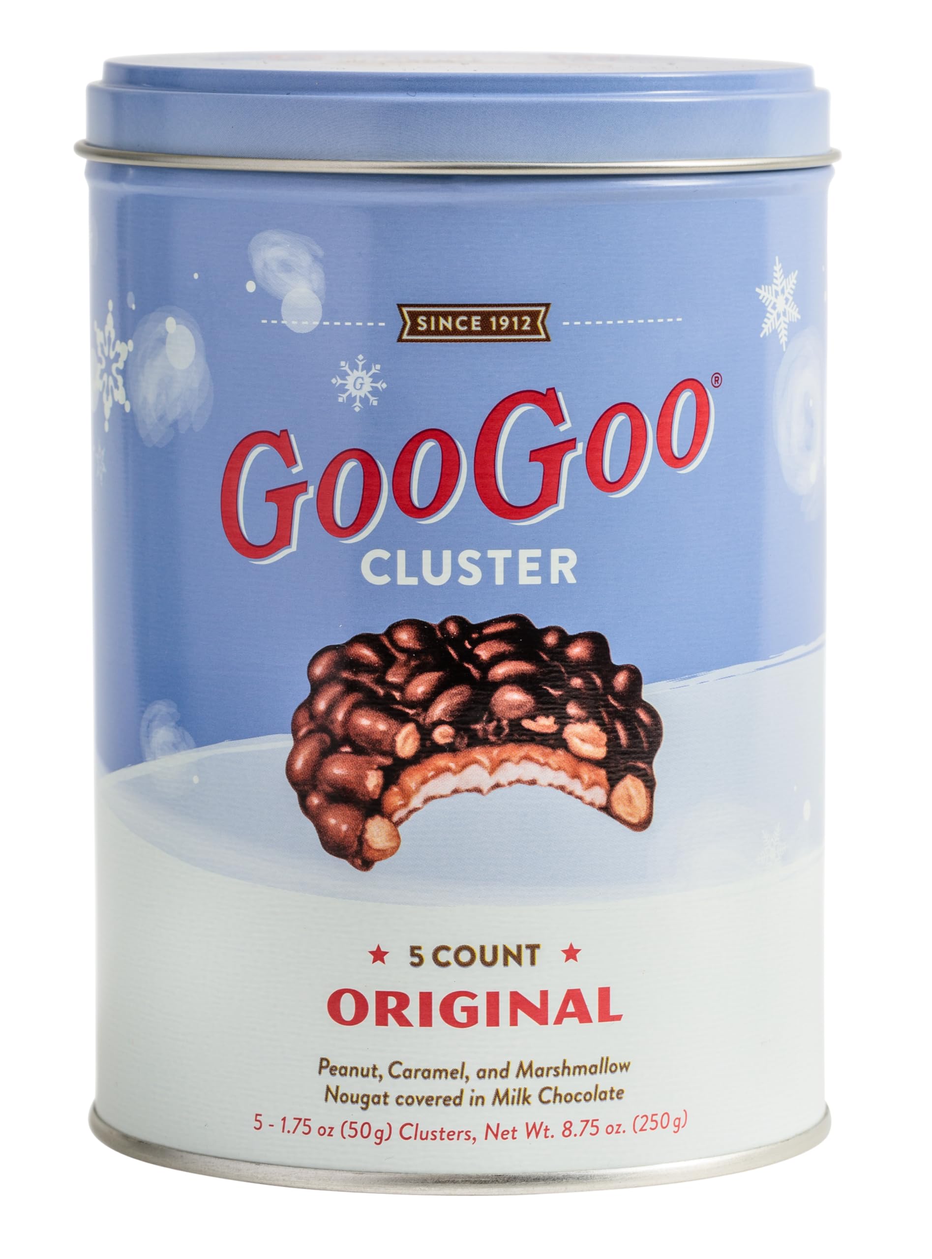 Goo Goo Clusters Seasonal Tin - 5 Original Bars (milk chocolate, caramel, peanuts, marshmallow nougat)