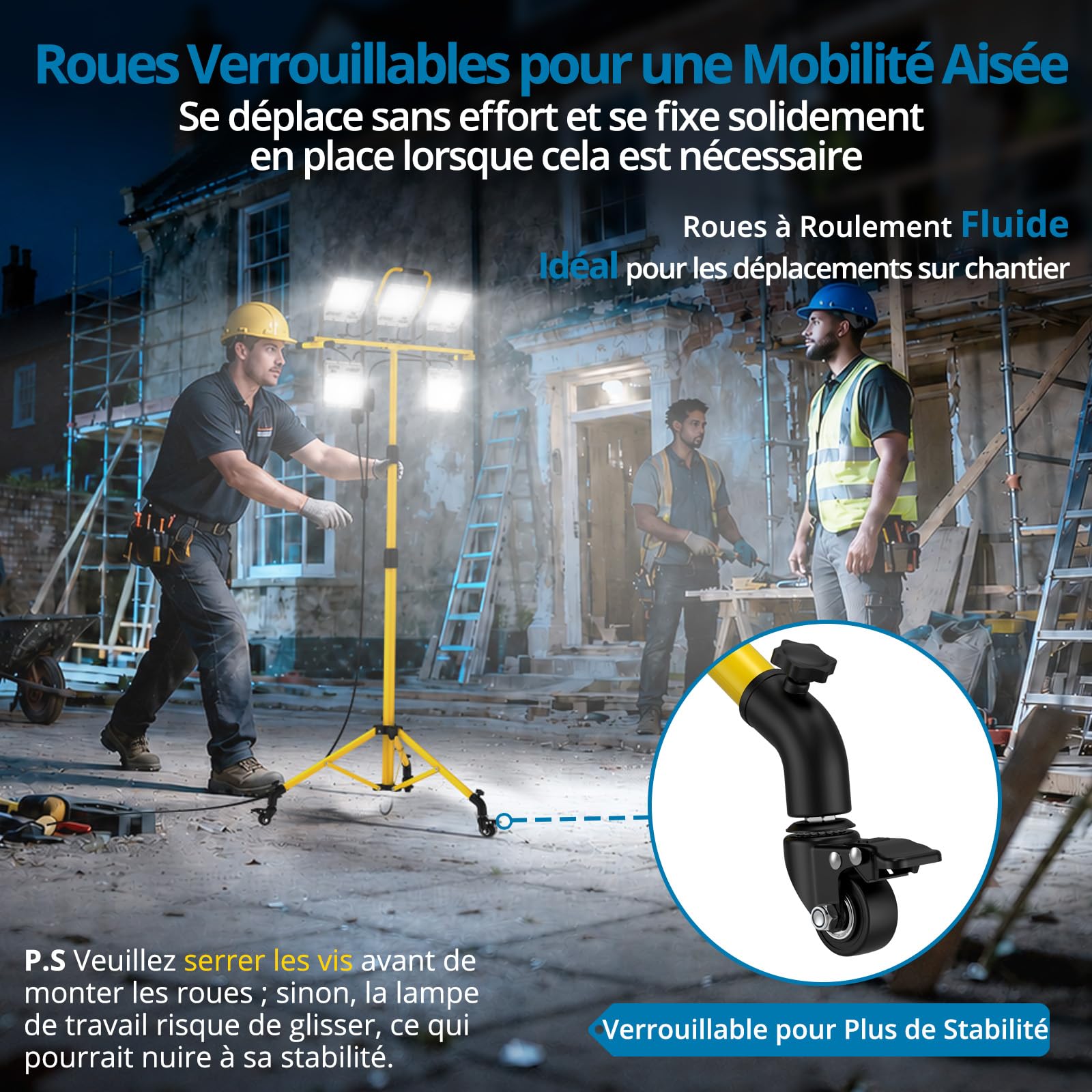 AUTOUTLET Projecteur de chantier LED avec trépied et roulettes, 5 x 70 W, 28 500 lm, éclairage de travail, lumière blanche froide 6 500 K, trépied réglable en hauteur, câble de 5 m, étanche IP66
