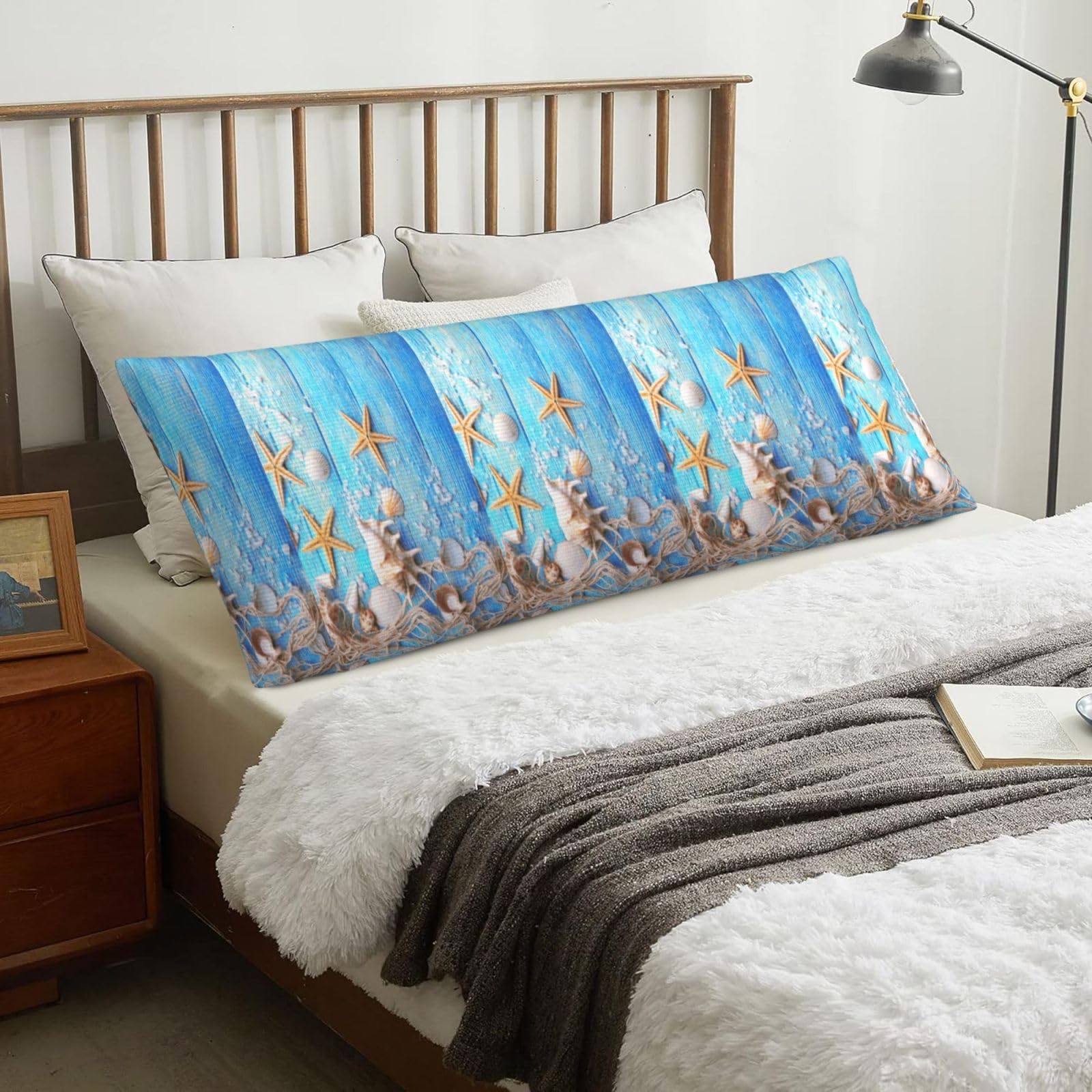 Starfish Shells Net Wooden Background, Body Pillow Cover with Zipper,Long Body Pillowcase 20 x 60 in
