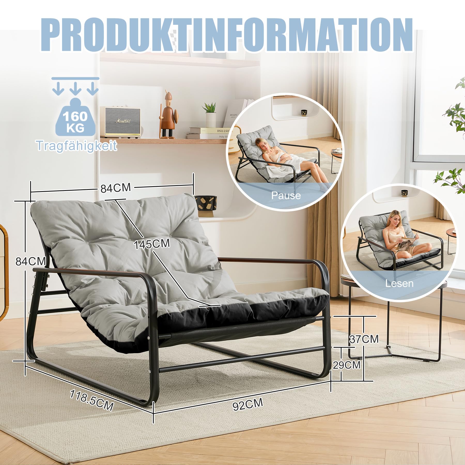 Sillón de salón de jardín con cojín reversible, sillón de jardín, balcón, muebles de acero, silla acolchada para 2 personas, sillón de jardín, exterior, balcón, jardín, terraza (gris oscuro+