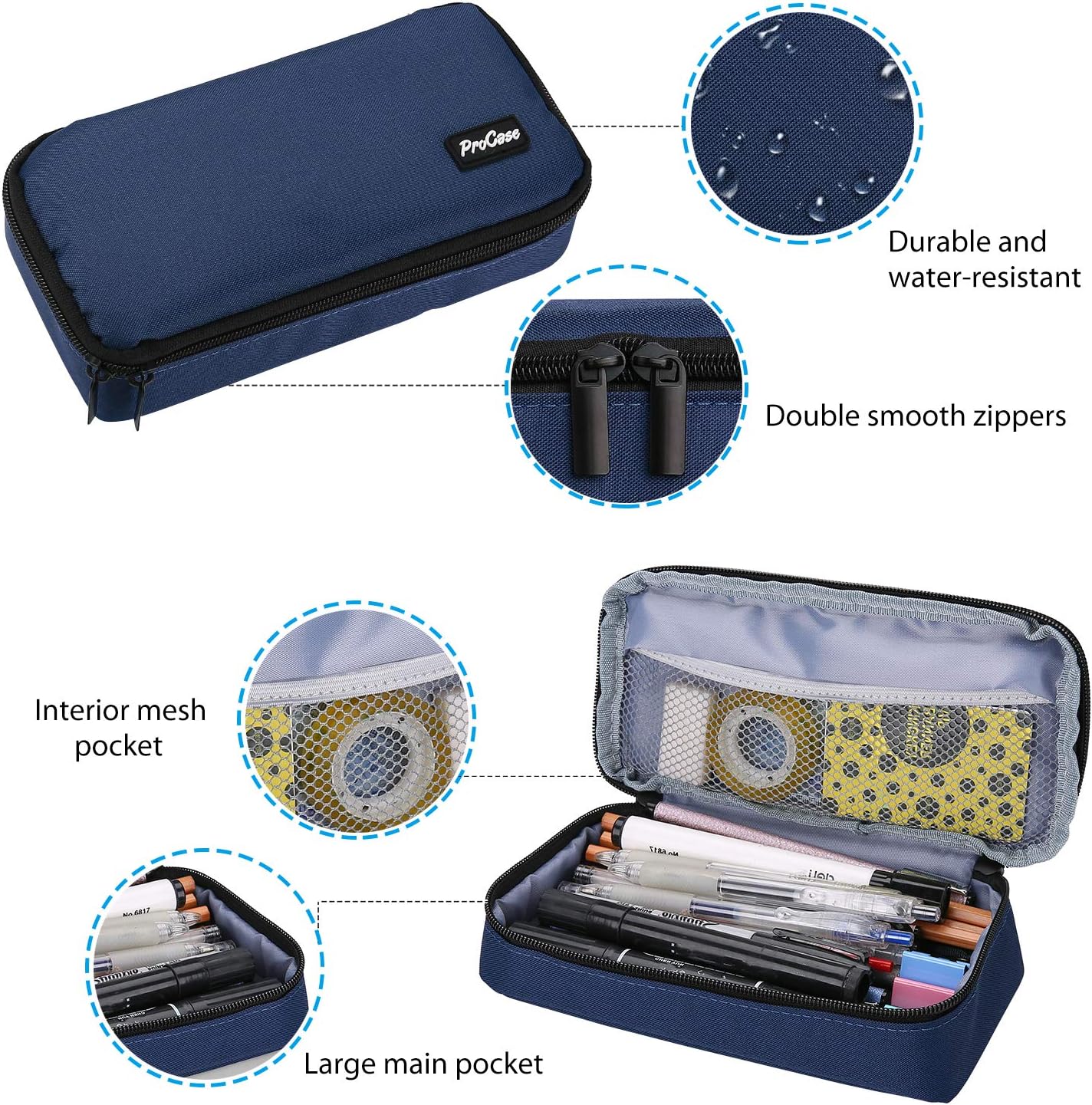 ProCase Pencil Case, Large Capacity Students Stationery Pouch Pen Bag Holder, Portable Desk Organizer with Double Zipper for School Office Supplies Navy image 4 of 7 B08BYL9WMR