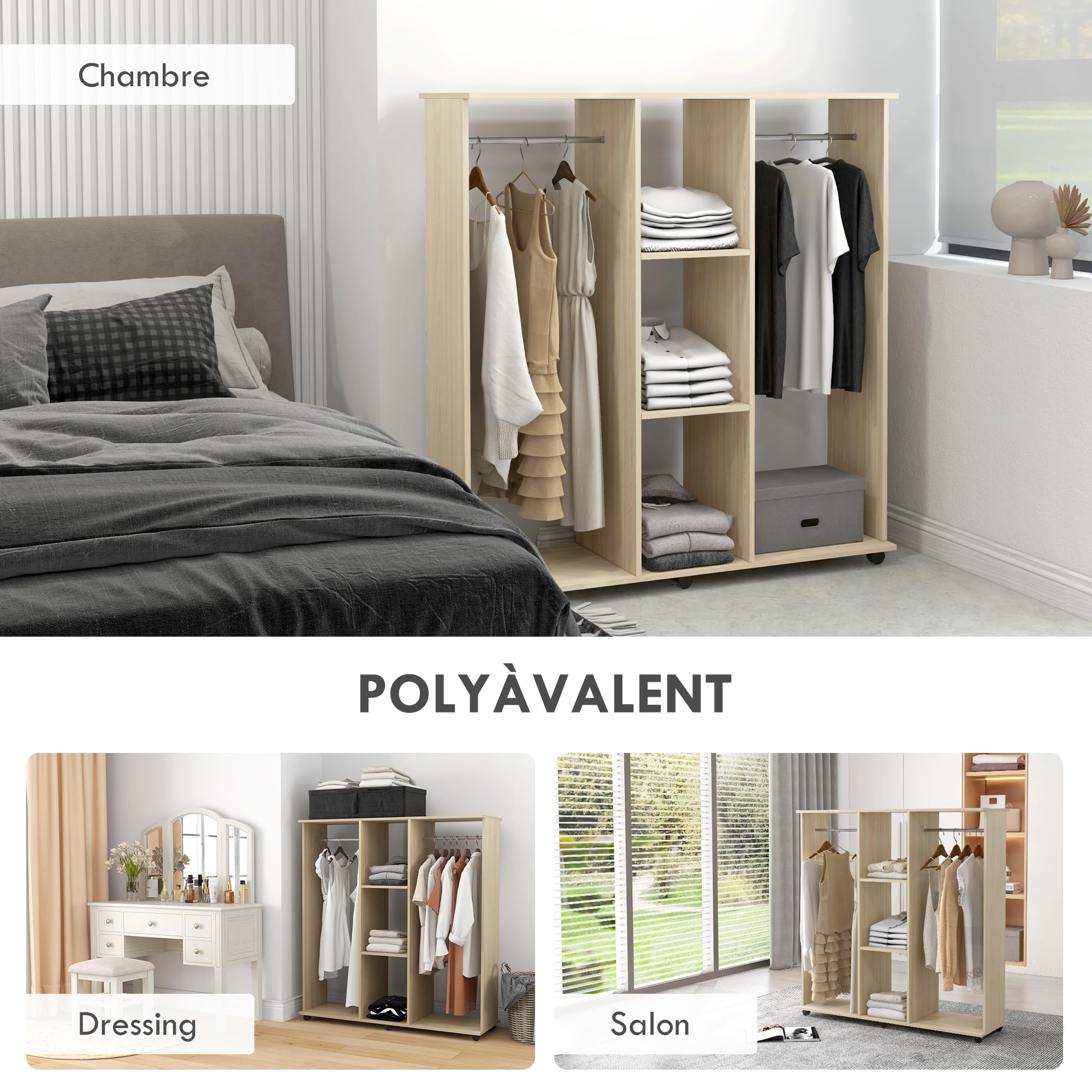 HOMCOM Armoire Penderie Mobile 6 roulettes 120x40x128cm Bois Naturel