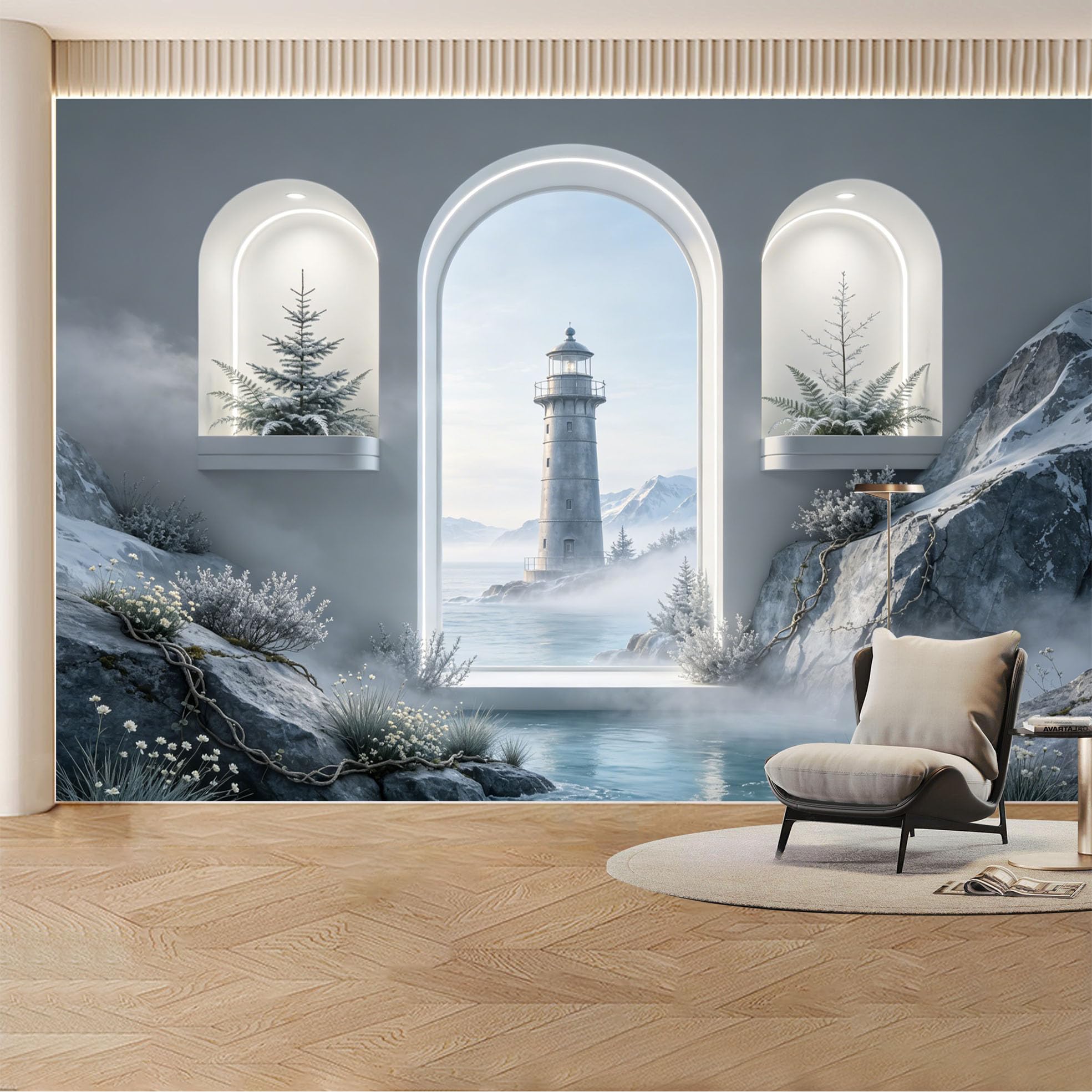 Kayorowalls Bh20260620059 Custom Wall Mural Wallpaper Lighthouse Ocean Landscape Nature 3D Effect Wall Decor Misty Nordic Minimalist Removable Selfadhesive Large Photo For Living Room， Bedroom， Office
