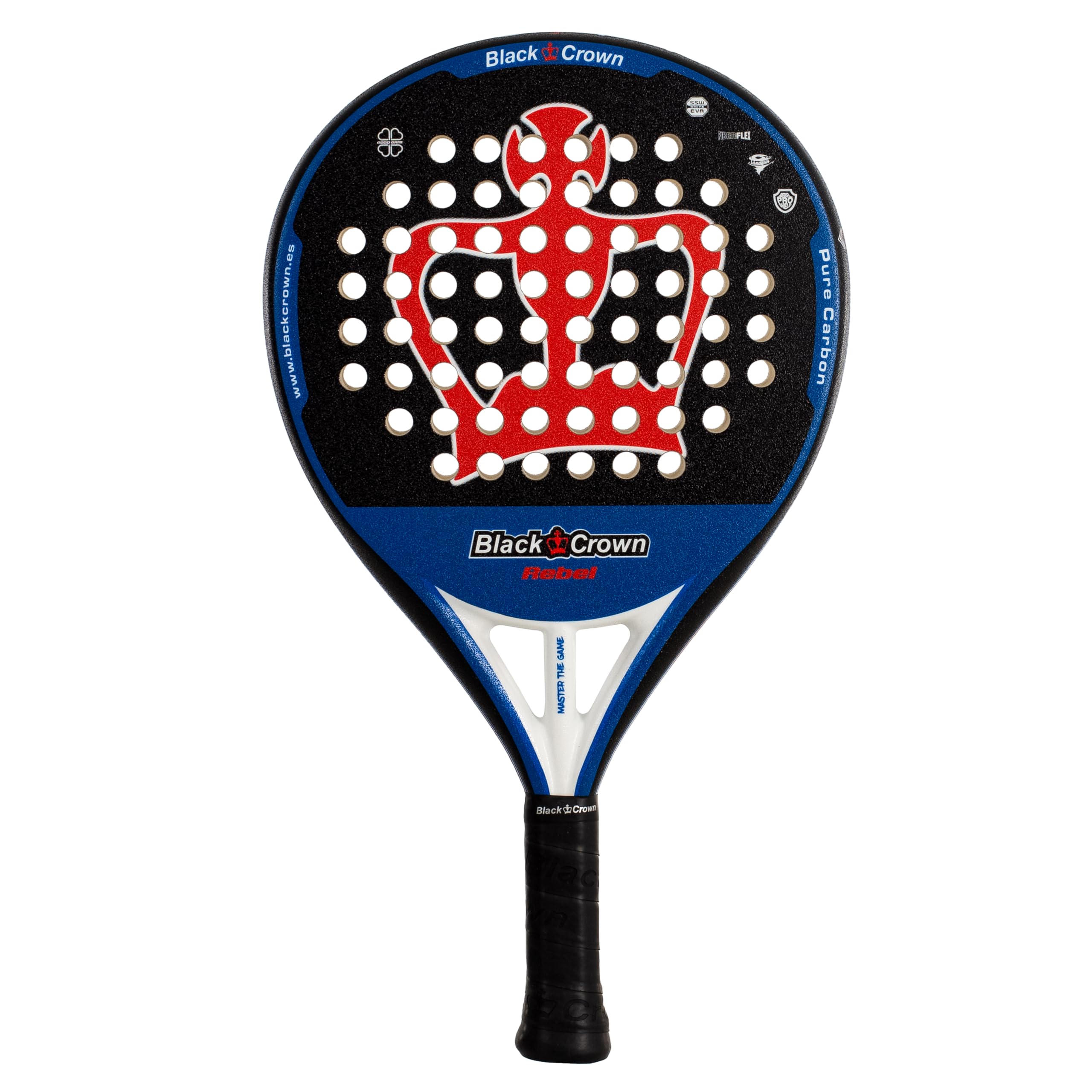 Black Crown - Pala de Pádel Modelo Rebel - Pala Equilibrada - Peso 355-370g - Marco Tubular Carbono 80% 38mm, Forma Redonda - Potencia 50%, Control 50%.