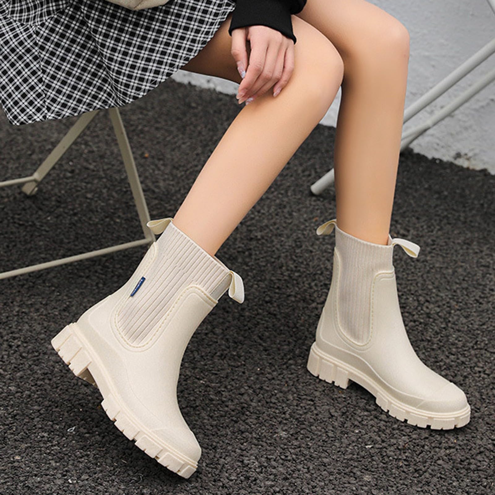 Botas de goma para mujer, caña media, elásticas, antideslizantes, para lluvia | Botas de goma de altura media con entrada elástica, antideslizantes, impermeables, ideales para exteriores bajo la lluvia