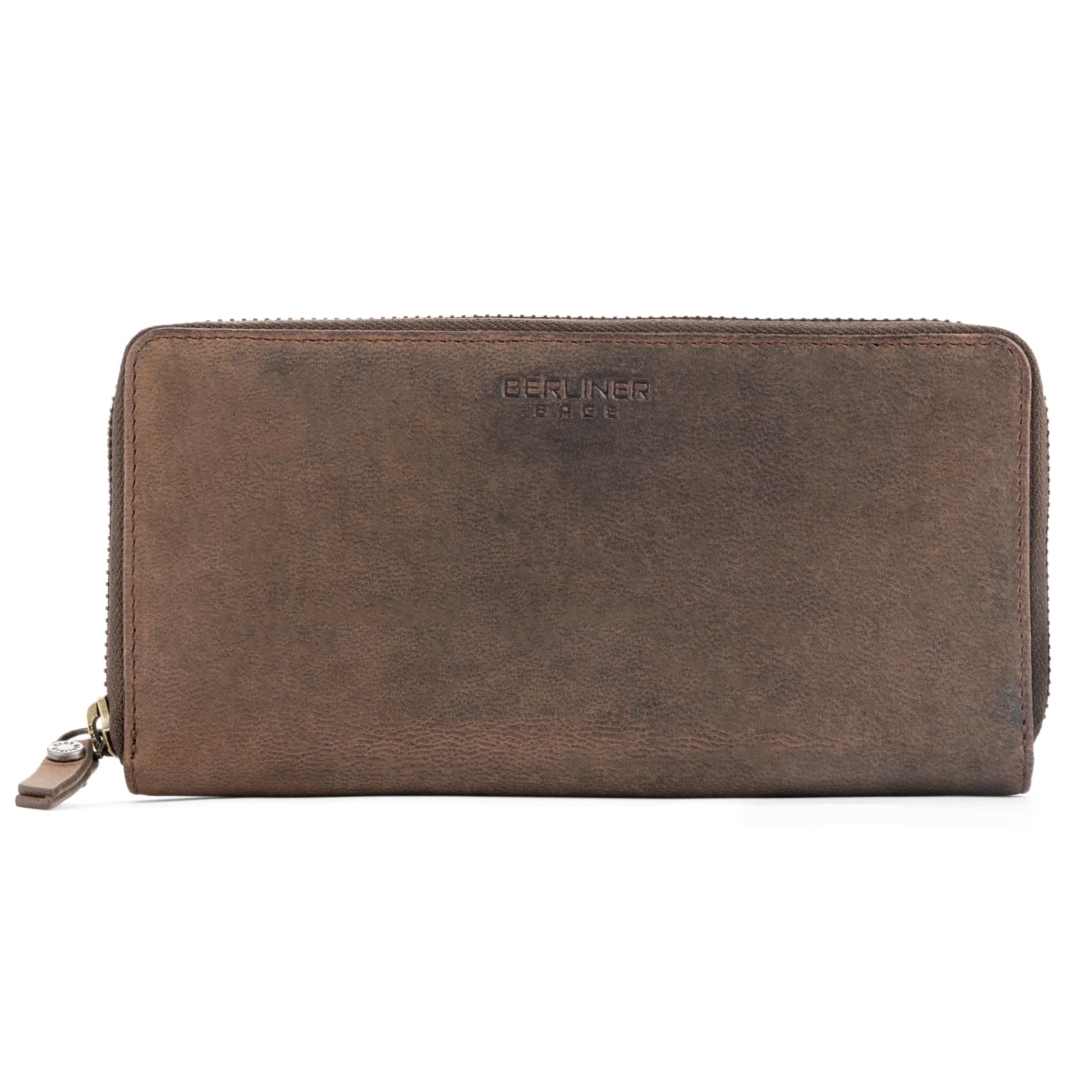 BERLINER BAGS Full Grain Leather Zip Wallet Women Margo, Gift Box – Brown