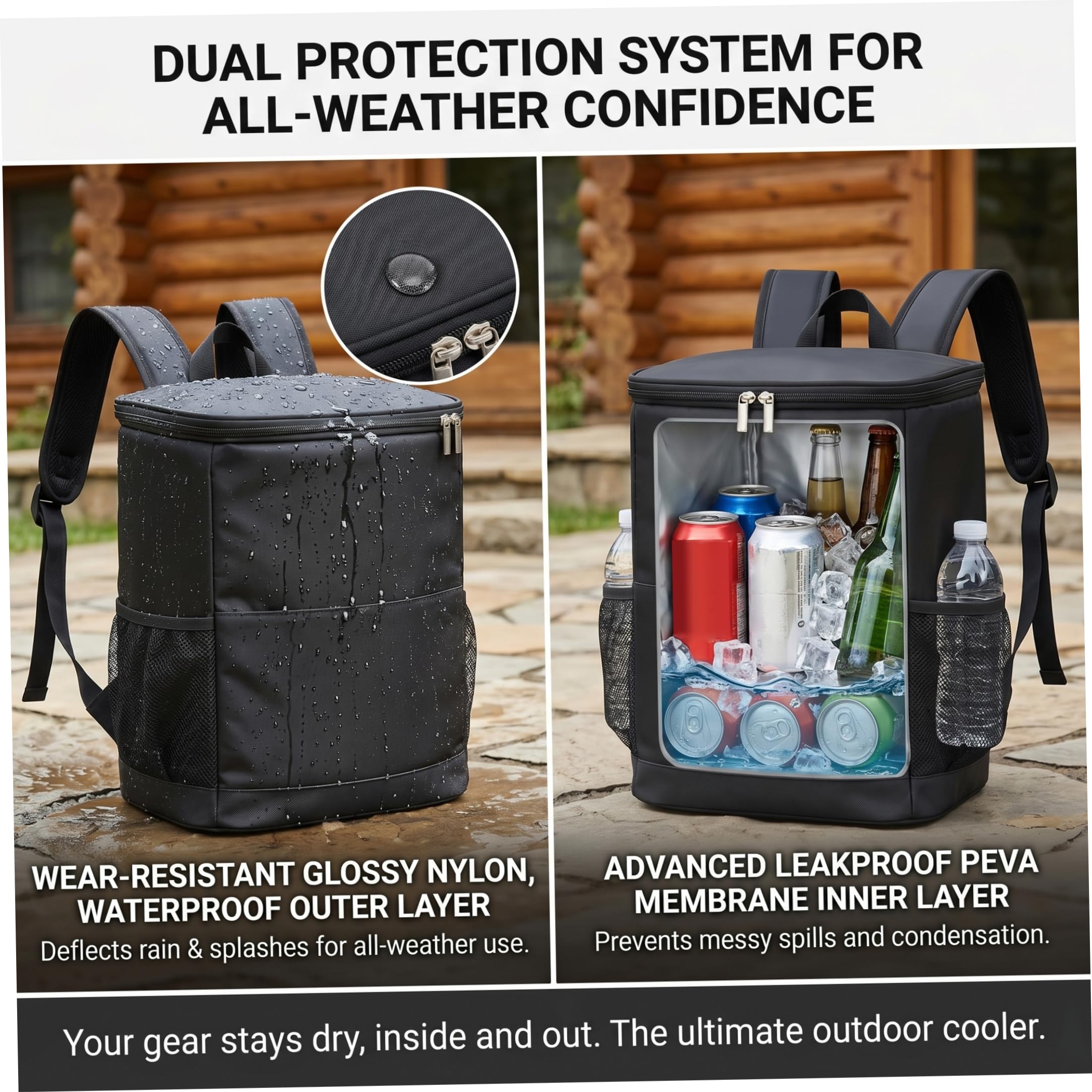 Mochila térmica con aislamiento, 15 l, a prueba de fugas, impermeable, bolsa para 20 latas con múltiples bolsillos para camping, senderismo, playa, compras, color gris