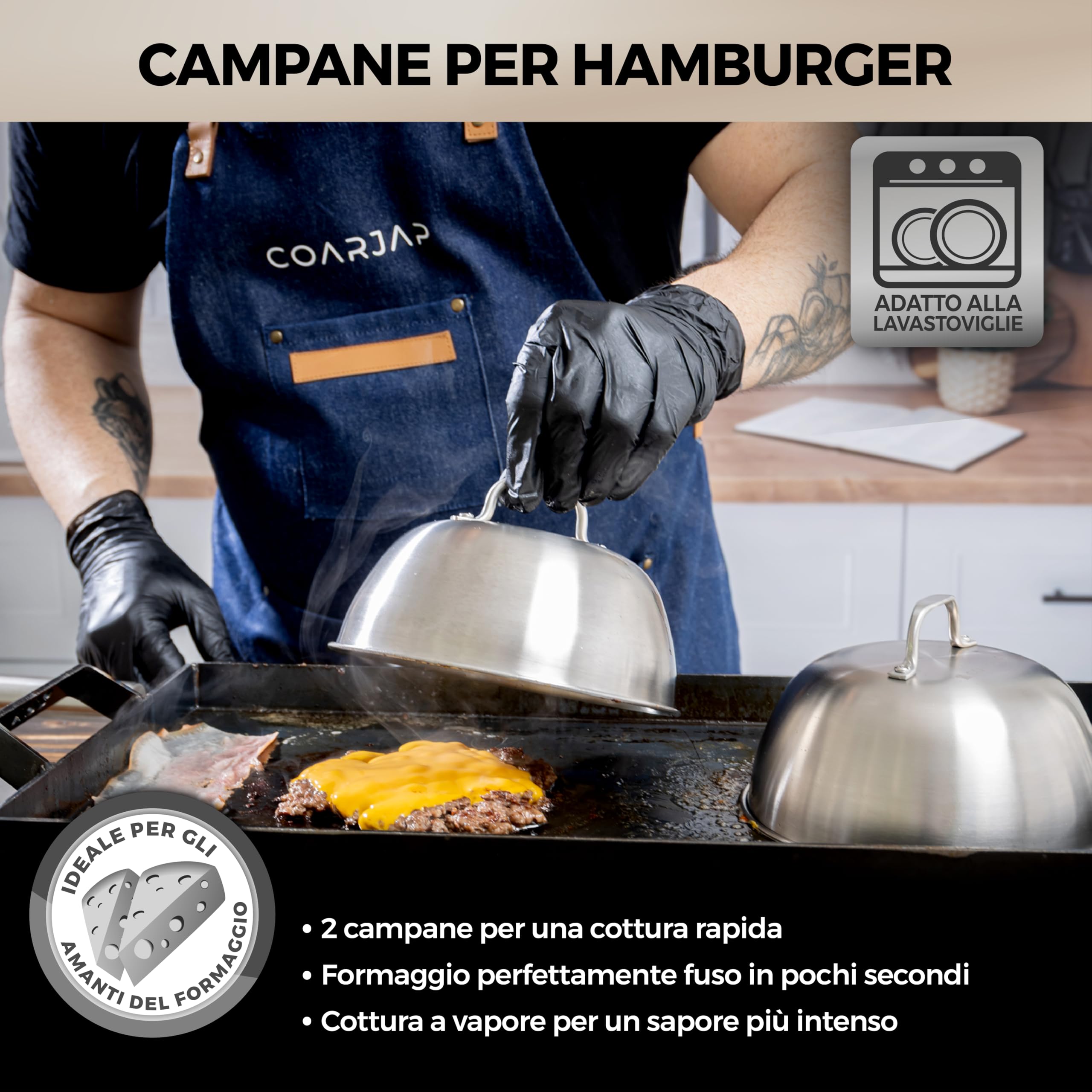 Smash Burger Press Kit – Include 1 Pressa per Hamburger, 1 Spatola, 2 Cloche per Hamburger e 1 Spargi Spezie – Certificato UE per Contatto con Alimenti