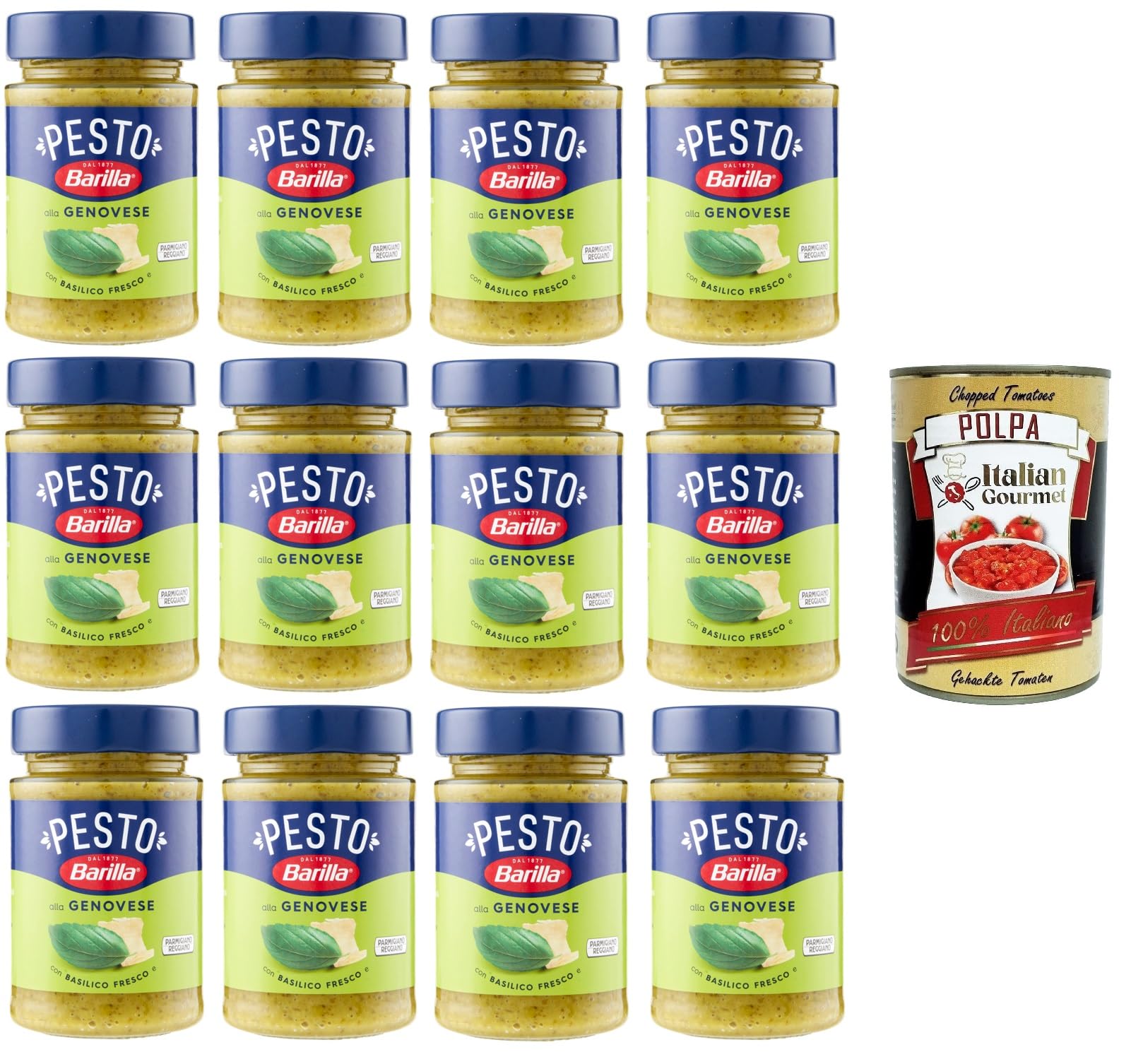 Barilla Pesto alla Genovese con Basilico Fresco Condimento e Sugo per Pasta Pesto Genovese con especias de albahaca fresca y salsa de pasta 12 x 190 gr + Polpa italiana Gourmet 400 g
