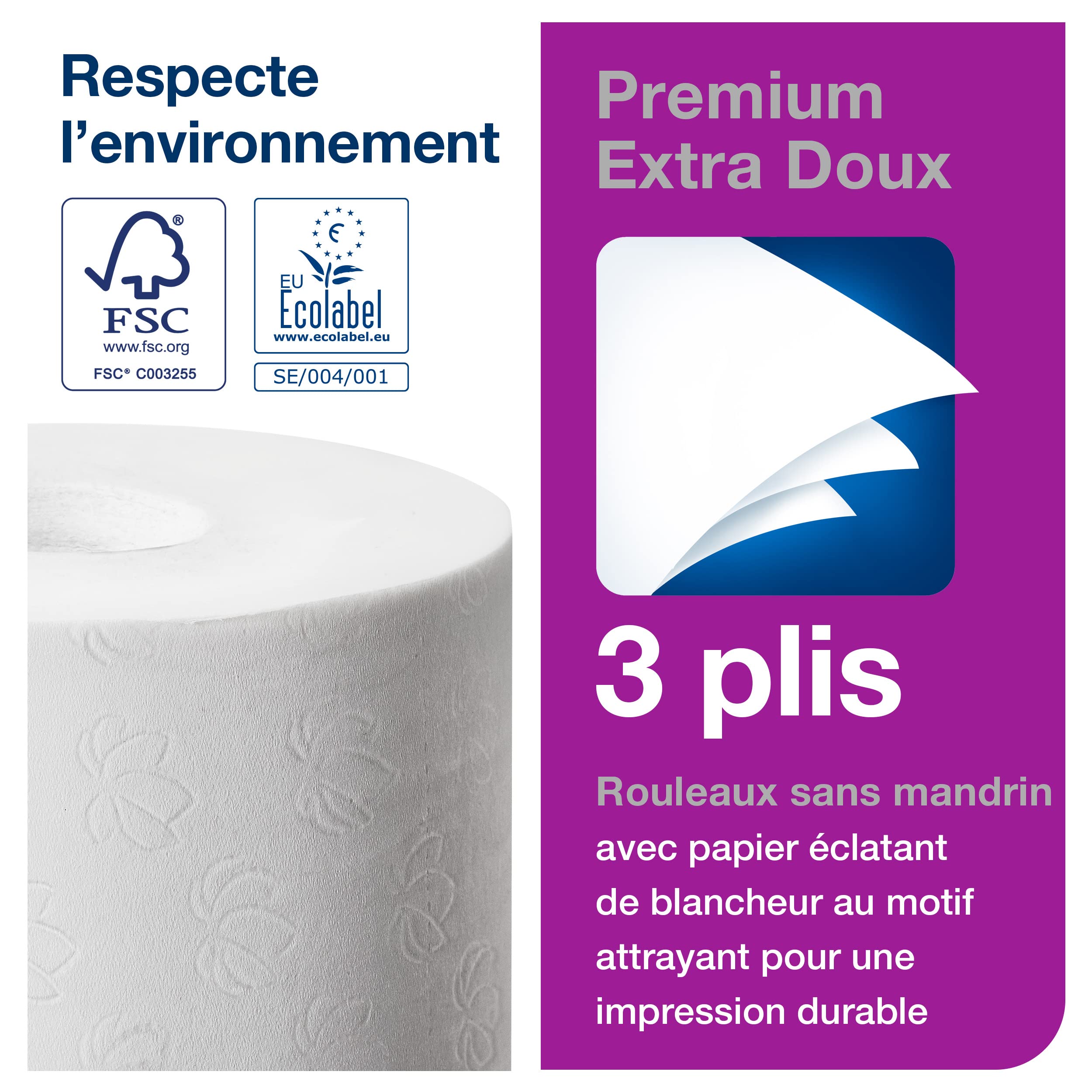Tork Papier toilette Rouleau Mid-size sans mandrin extra-doux blanc T7, Premium, 3 plis, 18 x 550 feuilles, 472139