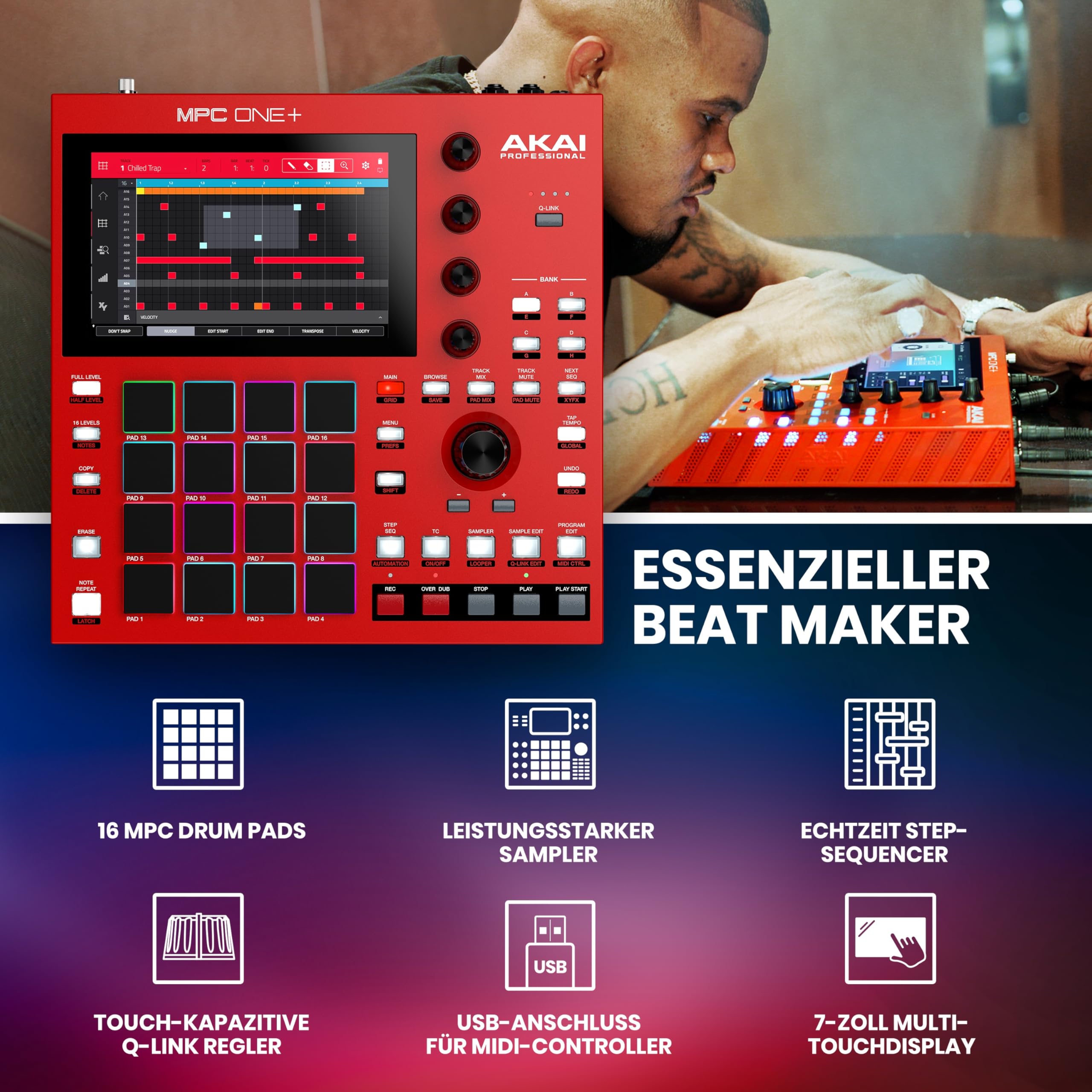 Akai Professional MPC One+ Standalone Drum Machine, Beat Maker und MIDI Controller mit WiFi, Bluetooth, Drum Pads, Synth Plug-Ins, Touchscreen und Native Instruments Integration