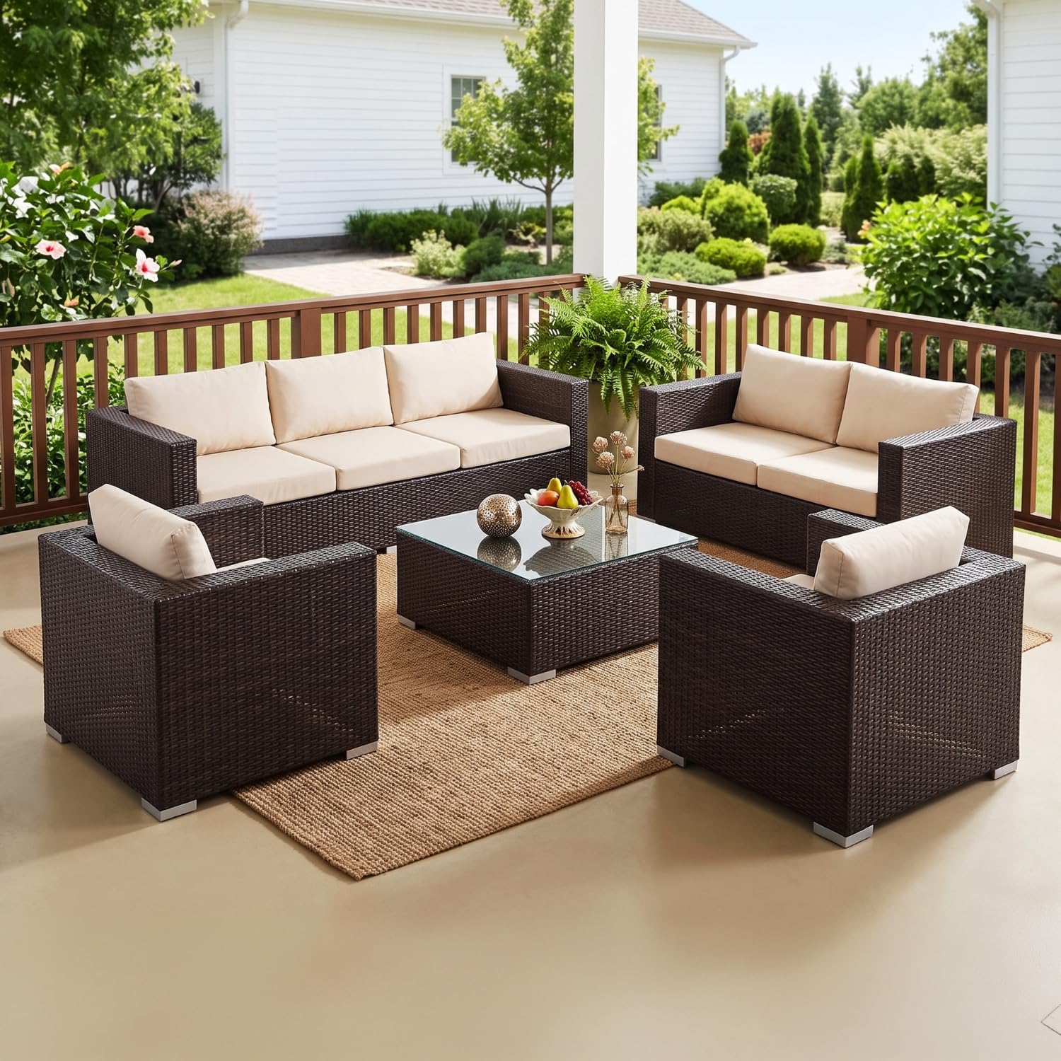 DEVOKO 7-Seater Patio Outdoor HDPE Wicker Sectional Sofa Furniture Conversation Set with Washable Cushion and Center Table for Porch, Lawn, Garden, Backyard (Dark Brown & Cream)