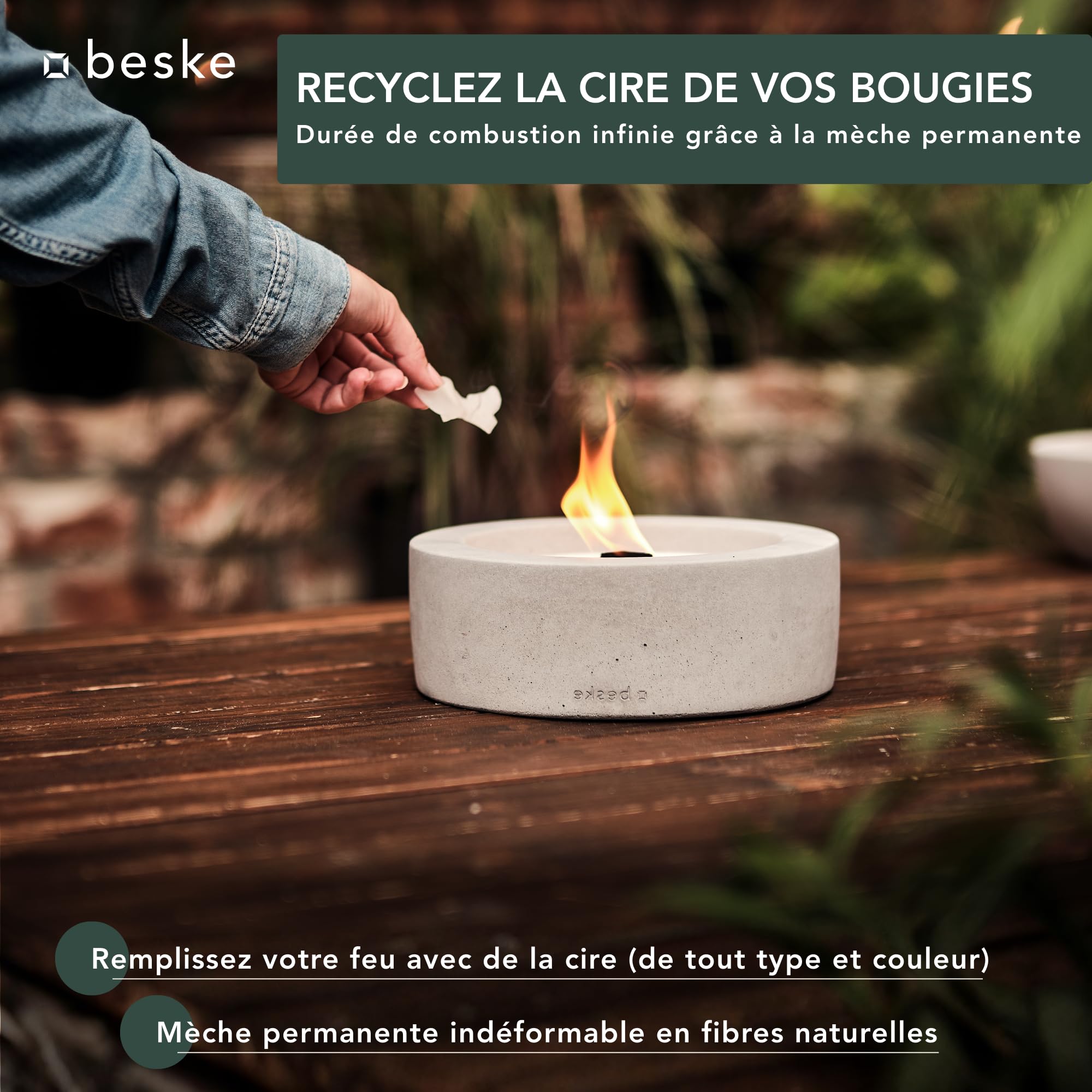 Brasero de table en béton | Modèle Taal (⌀24 cm) | Système de mèche permanente, durée illimitée | Pour jardin et terrasse | Fabriqué à la main en Allemagne