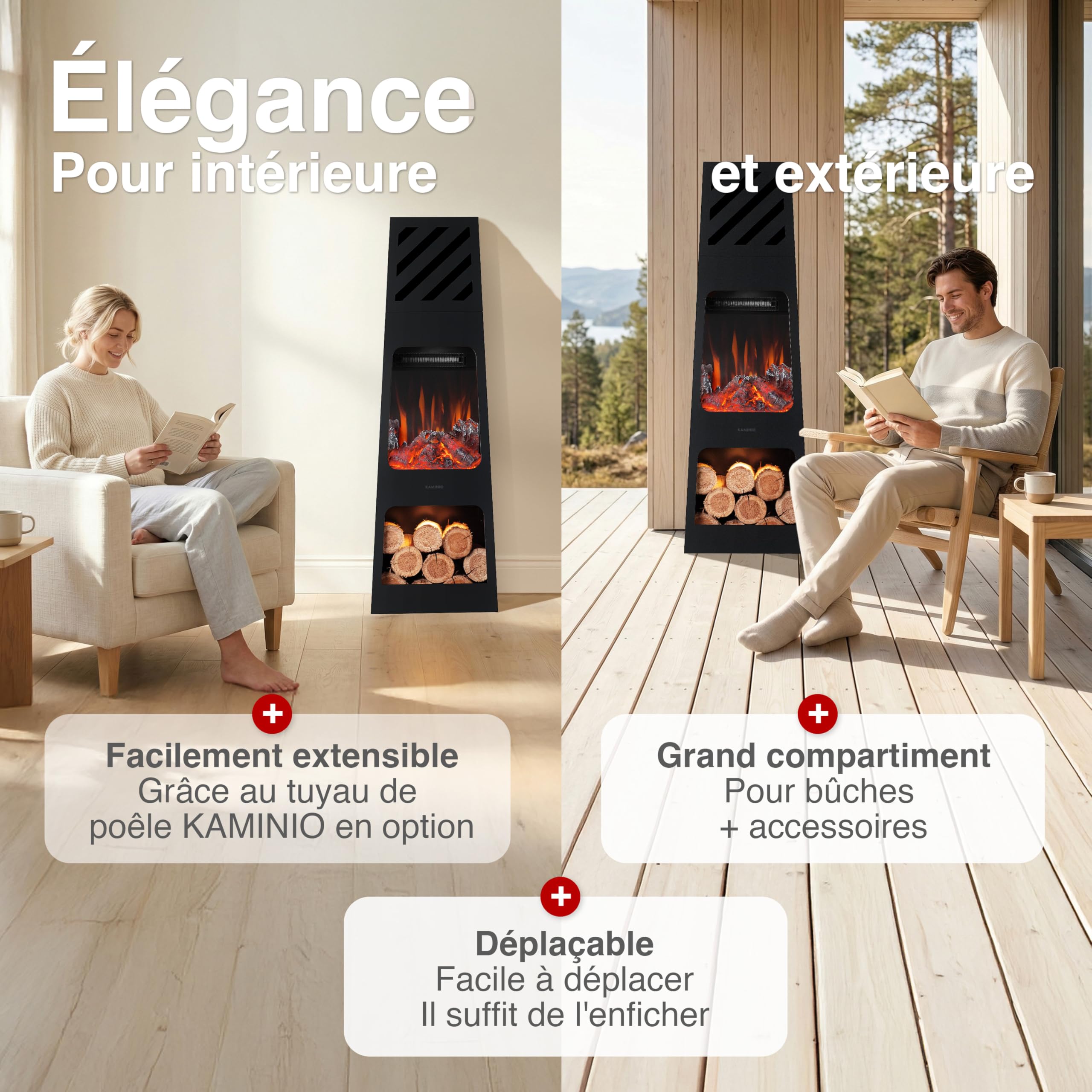 KAMINIO Cheminée électrique de Jardin Kai - Brasero électrique d'extérieur avec Chauffage, Effet de Flamme 3D, lumière d' Ambiance LED, casier à Bois, télécommande (X-Large)