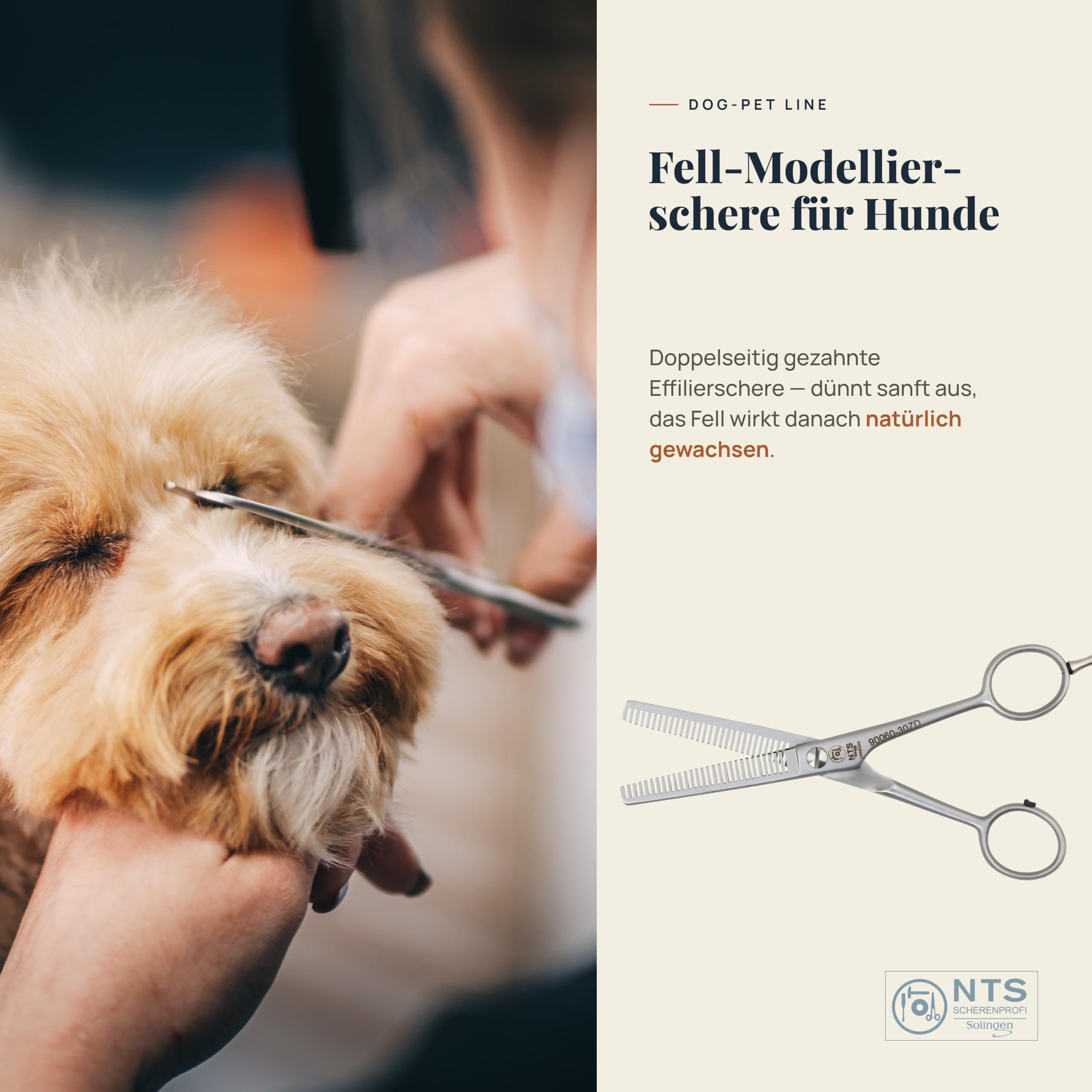 Hundeschere/Fellschere - Dog-Pet Line ROSTFREI, matt satiniert • Fell-Modellierschere (Zähne doppelseitig) Effilierschere