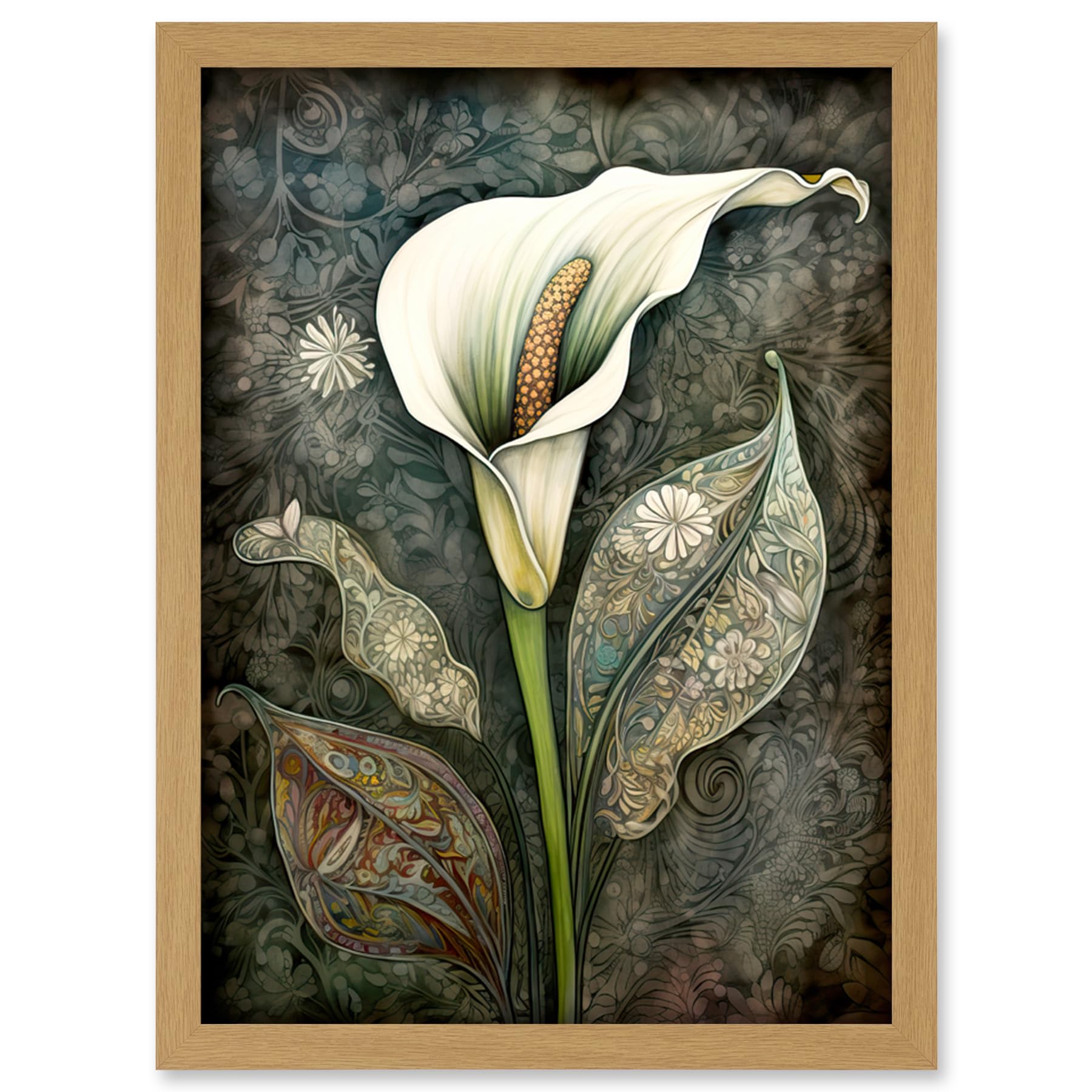 Artery8 Calla Lily Flower Bloom with Batik Style Patterns Artwork Framed Wall Art Print A4