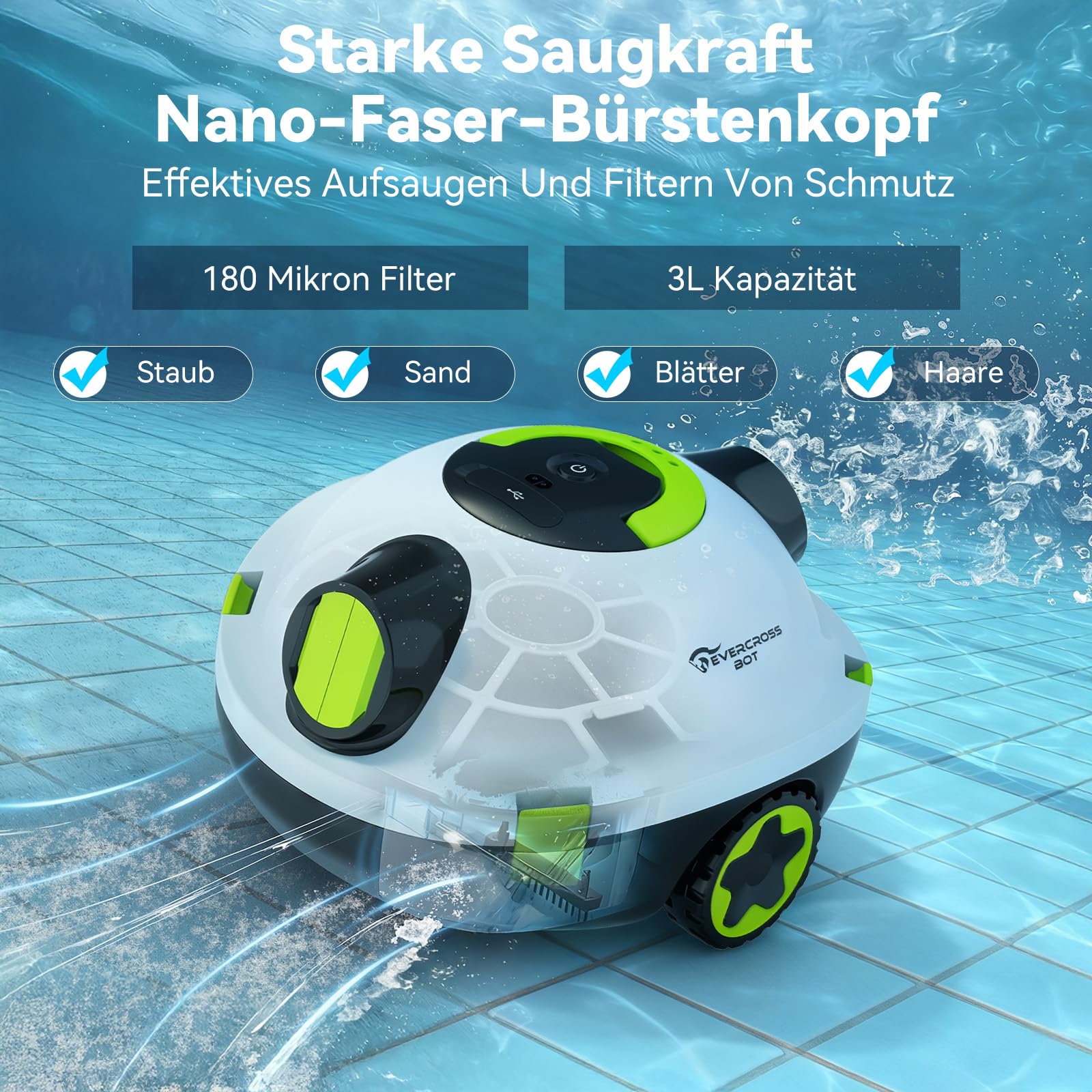 Y10 Poolroboter, Poolroboter Akku für die Bodenreinigung, 100 Min Batterielaufzeit, für Pools bis zu 120㎡, Automatische Poolsauger mit Selbsteinparkfunktion 180 μm Filter (Weiß)