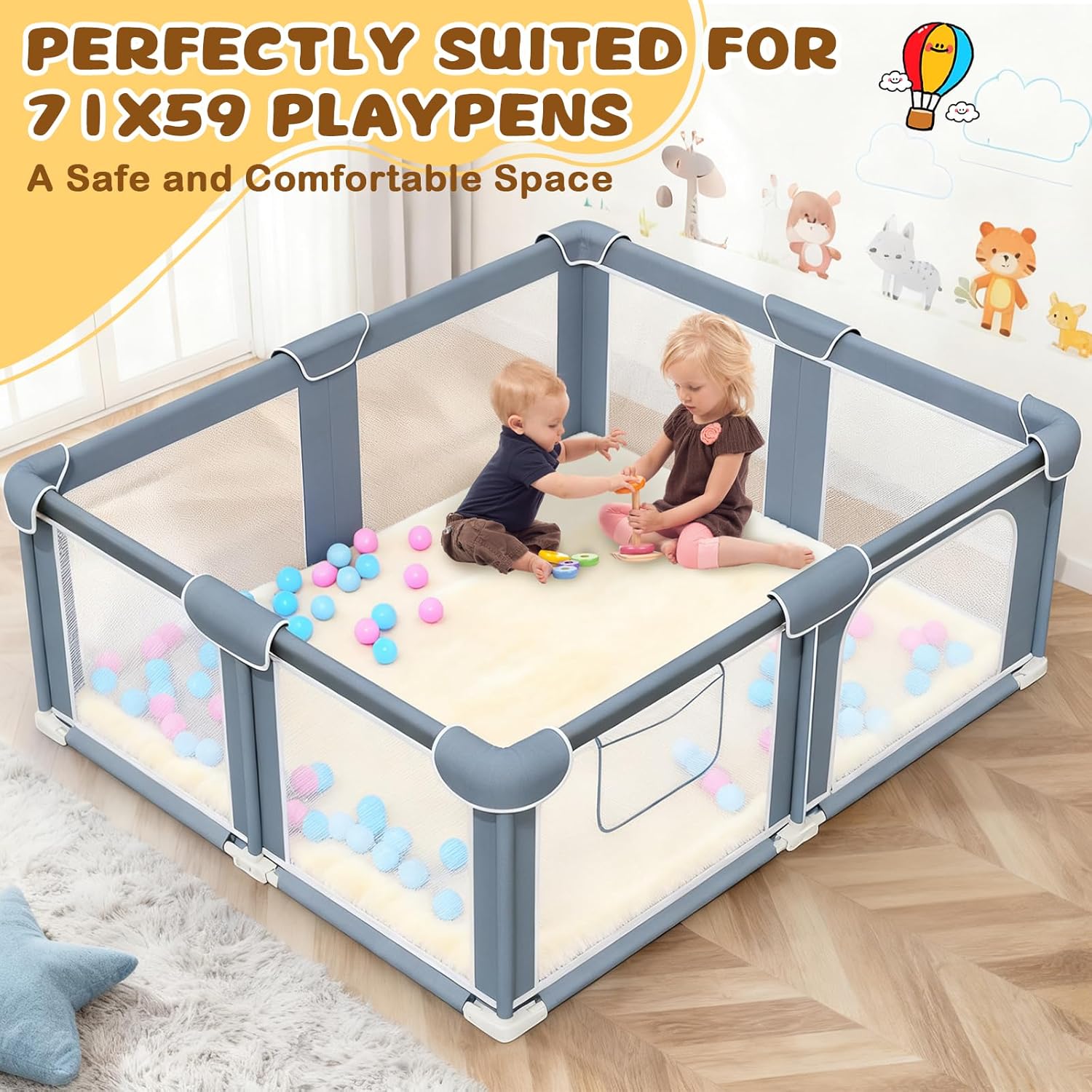 Thick Baby Play Mat for Floor 71 x 59, Ultra Soft Playpen Mat, Machine Washable Tummy Time Foam, Non-Slip Bottom Helps Cushion, for Kids, Infant and Toddler Crawling