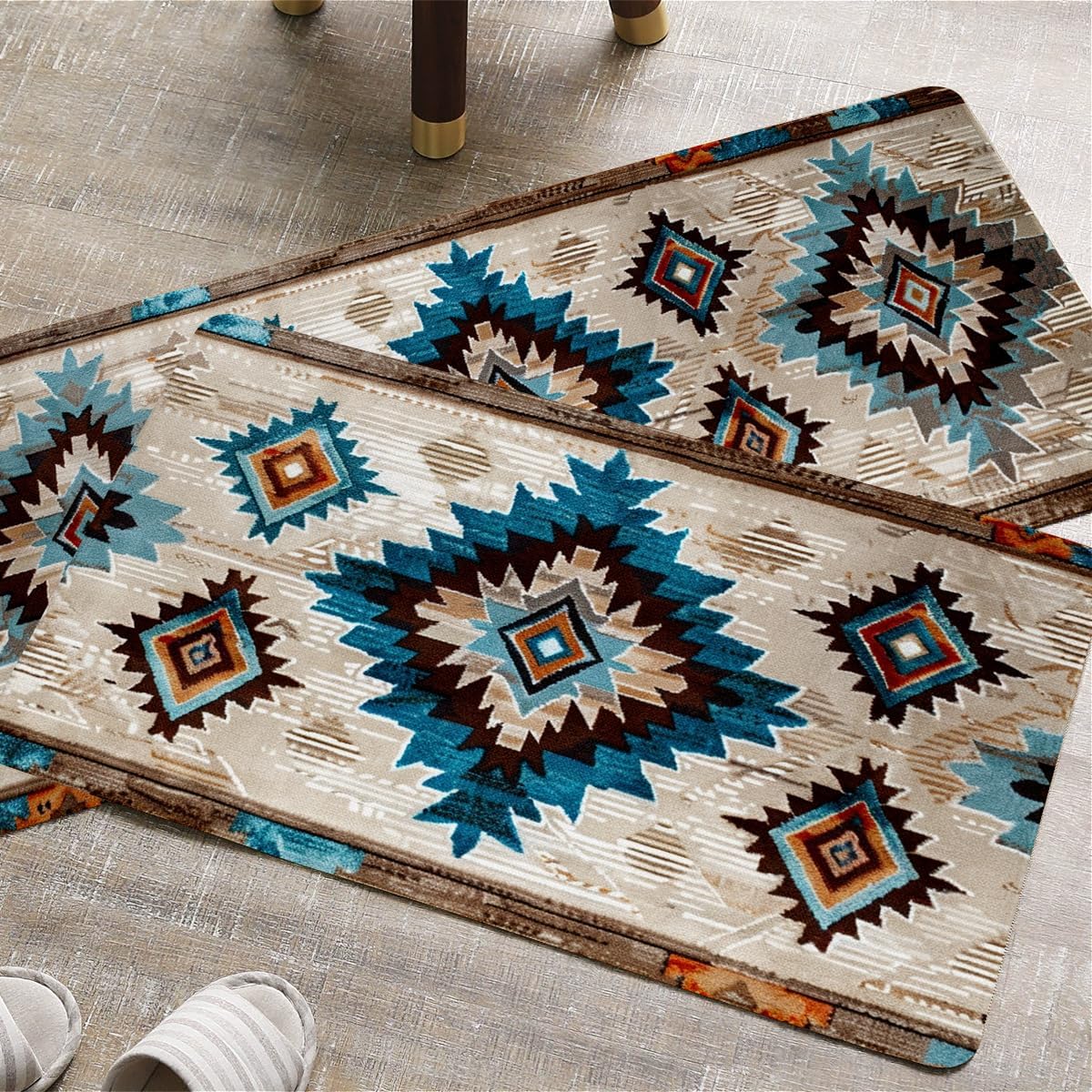 Navajo Kitchen Rugs Set of 2, Geometric Farmhouse Style Kitchen Mats with Rubber Backing Non Skid Washable, Southwestern Kitchen Decorations (17" x 29 + 17" x 47") - Image 7