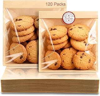 120 Pack Cookie Bags with Seal and Stickers, 5.7 x 6.5 Inch Paper Bakery Bags with Window, Heat-Sealable, Greaseproof Paper Bags Perfect for Treat, Donuts, Cake Slices, Scones, and Brownies
