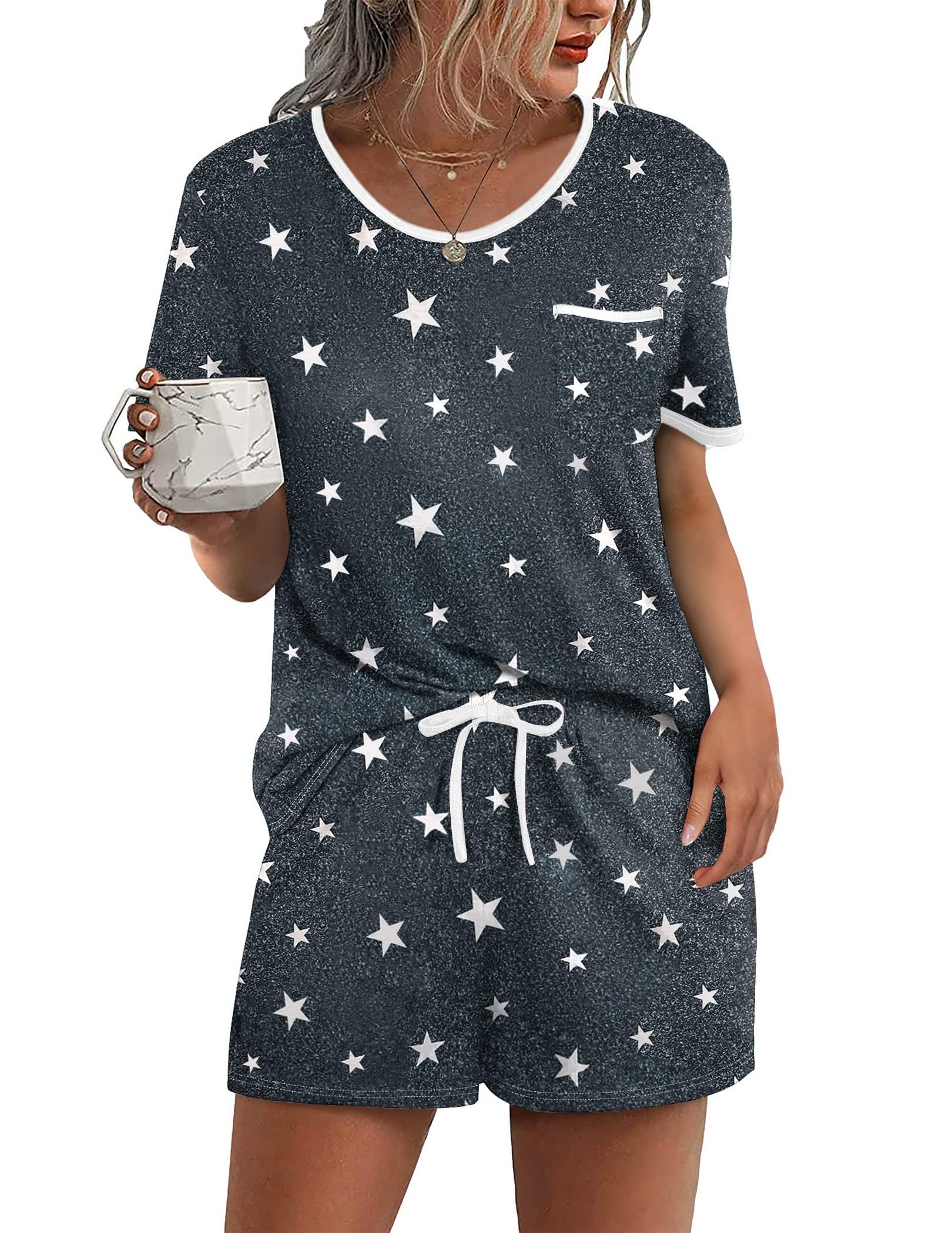Ekouaer Conjunto de Pijama para Mujer Verano de 2 Piezas Tops y Pantalones Cortos Ropa de Dormir Suave Bolsillo en el Pecho