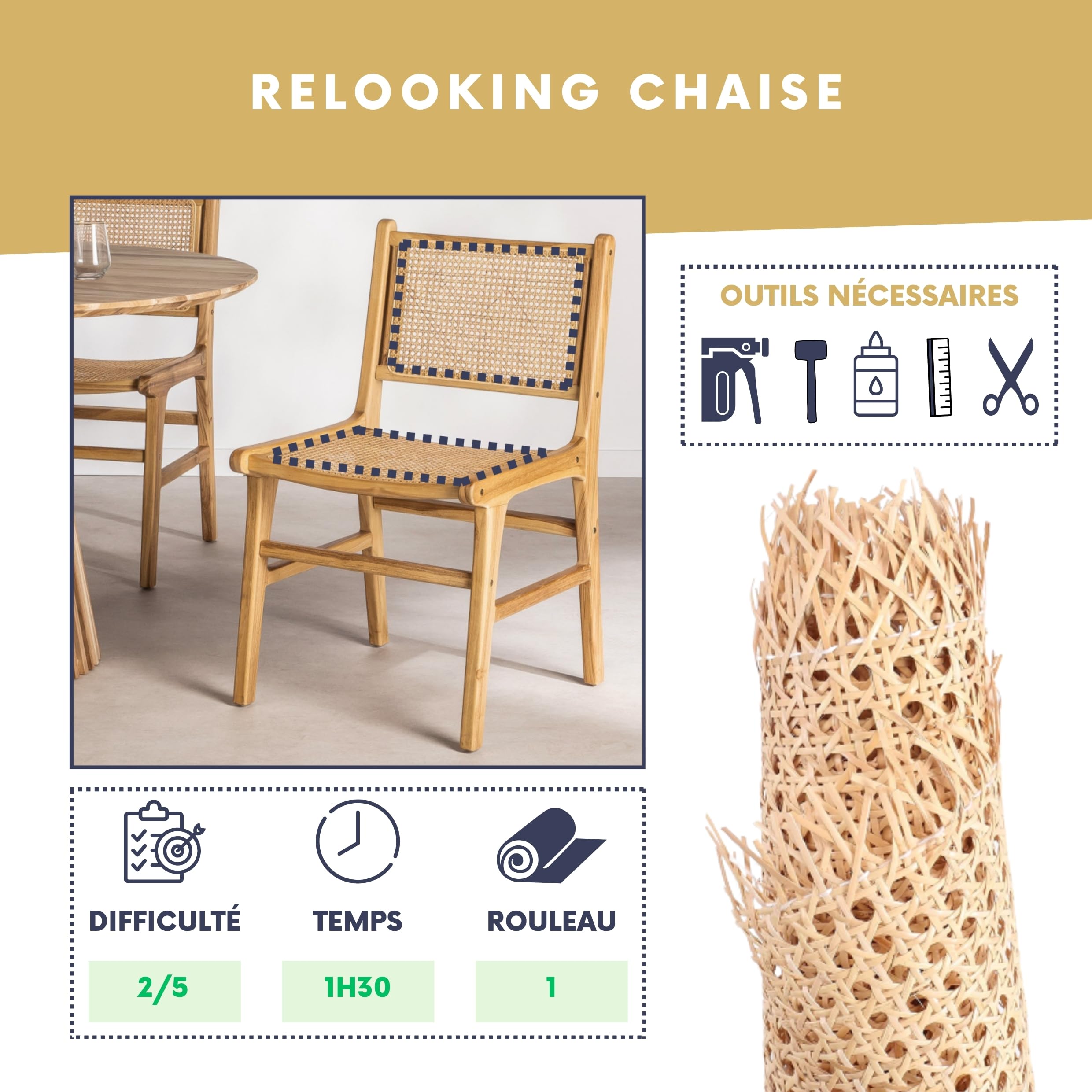 Cannage, Rouleau de Cannage pour Meuble, Cannage en Rotin Naturel, Décoration & Vannerie, Cannage Traditionnel à la française, pour Un Rendu Esthétique et Résistant, Idéal pour Le DIY