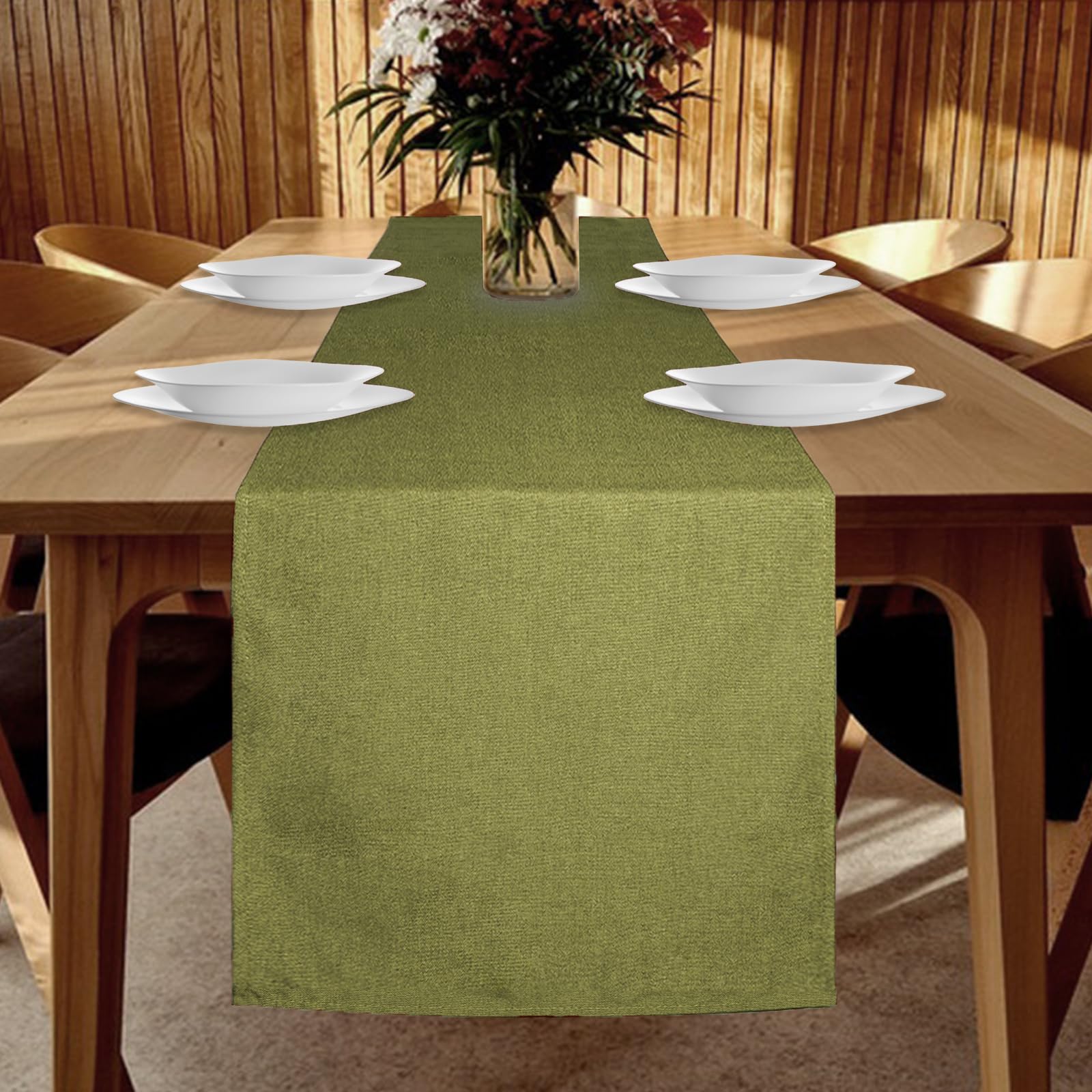 YUNSHANGHE Table Runner Waterproof 40 x 140 cm Table Runner Spring Modern Linen Look Washable Table Runner Perfect for Dining Room Party Holiday Decoration (Green) — image 1
