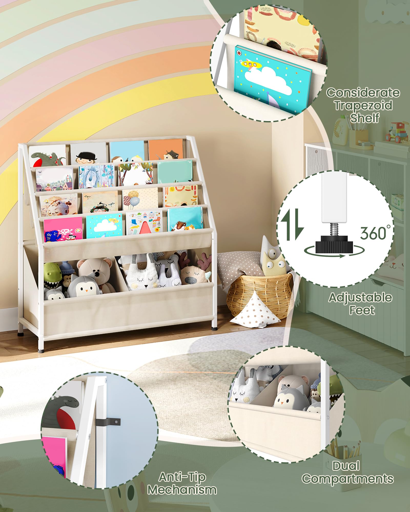 CHOEZON Estantería Infantil de 4 Estantes en Tela Oxford, Libería Organizador de Juguetes, Organizador de Revistas y Libros de Gran Capacidad para Niños de 3 a 8 Años, Beige DTCW09WM