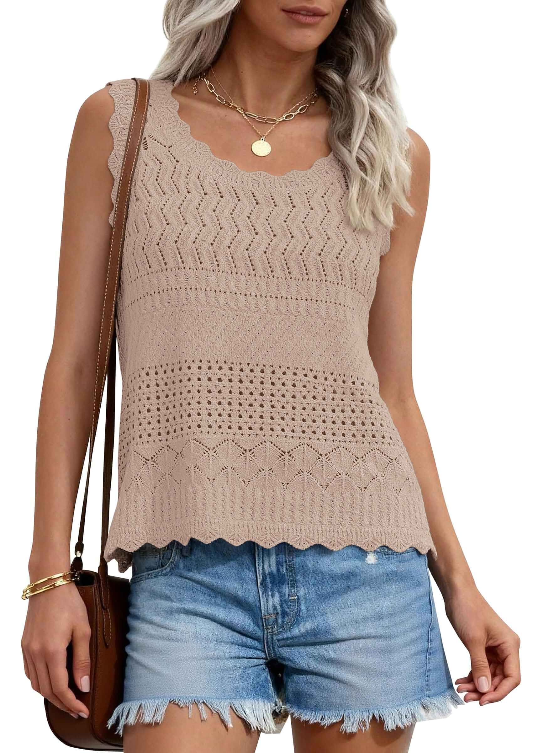 PRETTYGARDEN Womens Crochet Tank Tops Knit Sleeveless Vest Summer Tops, Boho Eyelet Knitted, Lightweight Hollow Out Sleeveless Sweater Top, Trendy Beach Vacation Clothes, Resort Wear