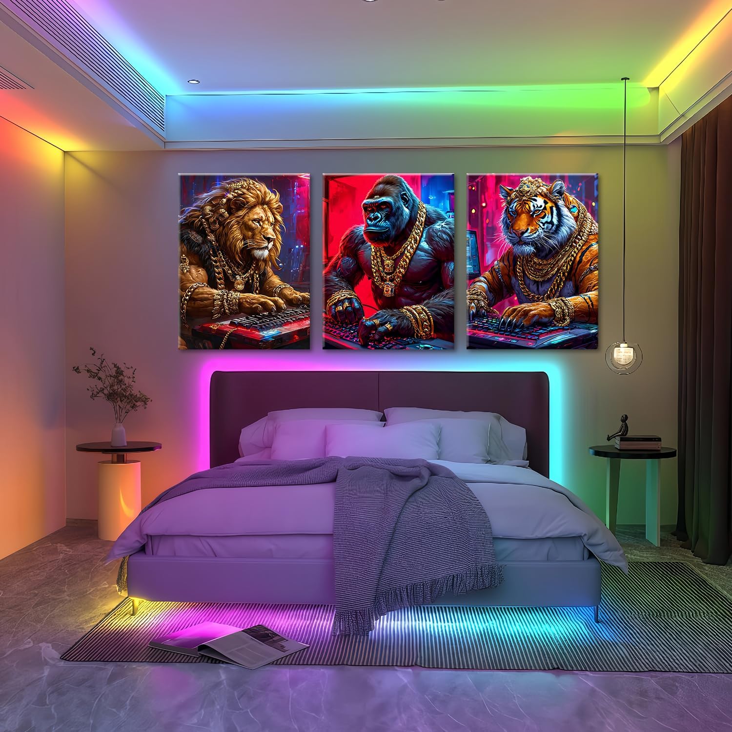 Animal & Tech-Inspired Wall Art Prints-Vibrant Tiger,lions Gorilla & Game Design Poster,Cyberpunk neon Electronic Game Style Painting Canvas Picture,for Boy Teen Men Bedroom Playroom, Framed 12X16inX3