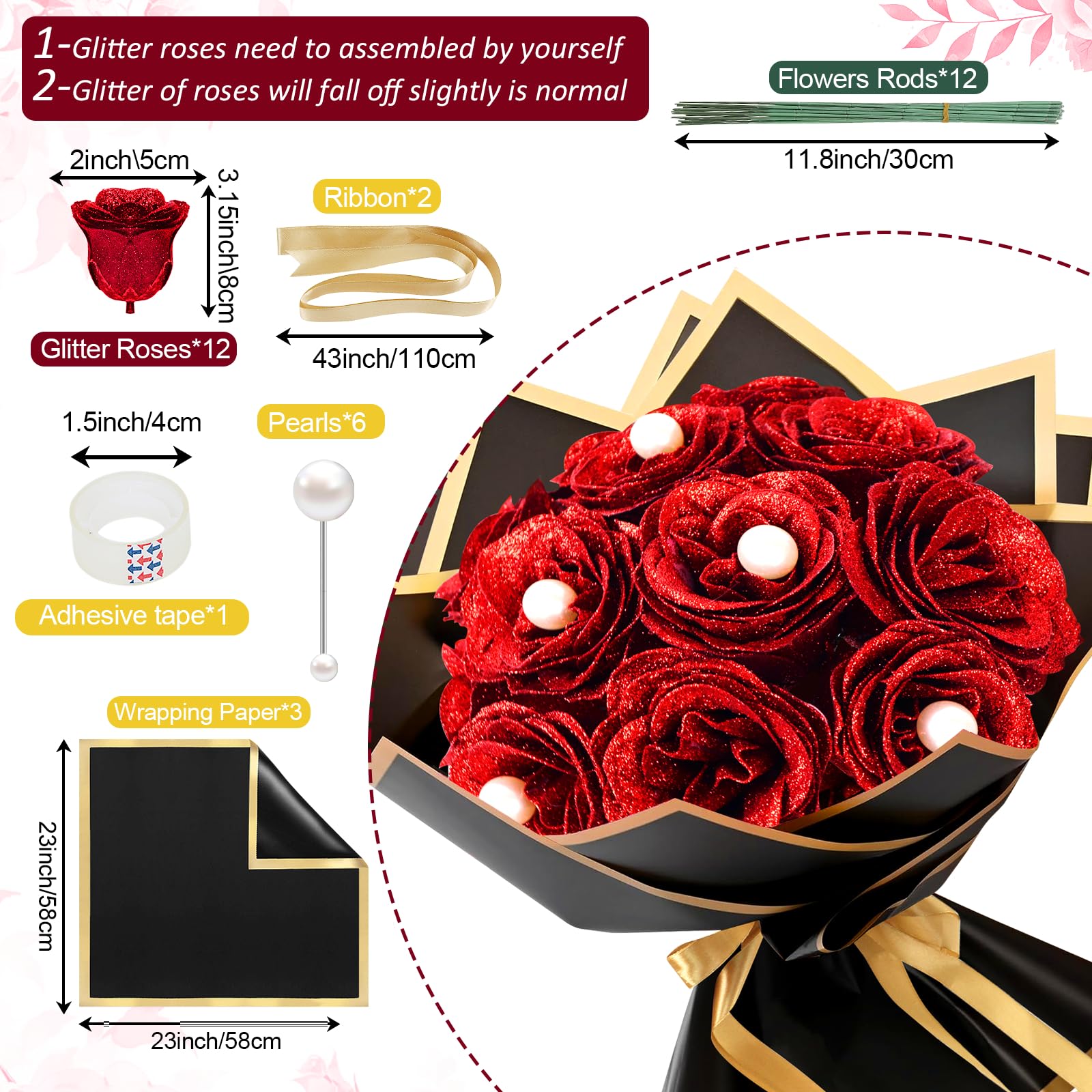 LARDUX 12 bouquet di rose rosse glitterate, bouquet di fiori finti fai da te con bouquet glitterato, fiori artificiali brillanti per San Valentino, anniversario, laurea, compleanno, con perle