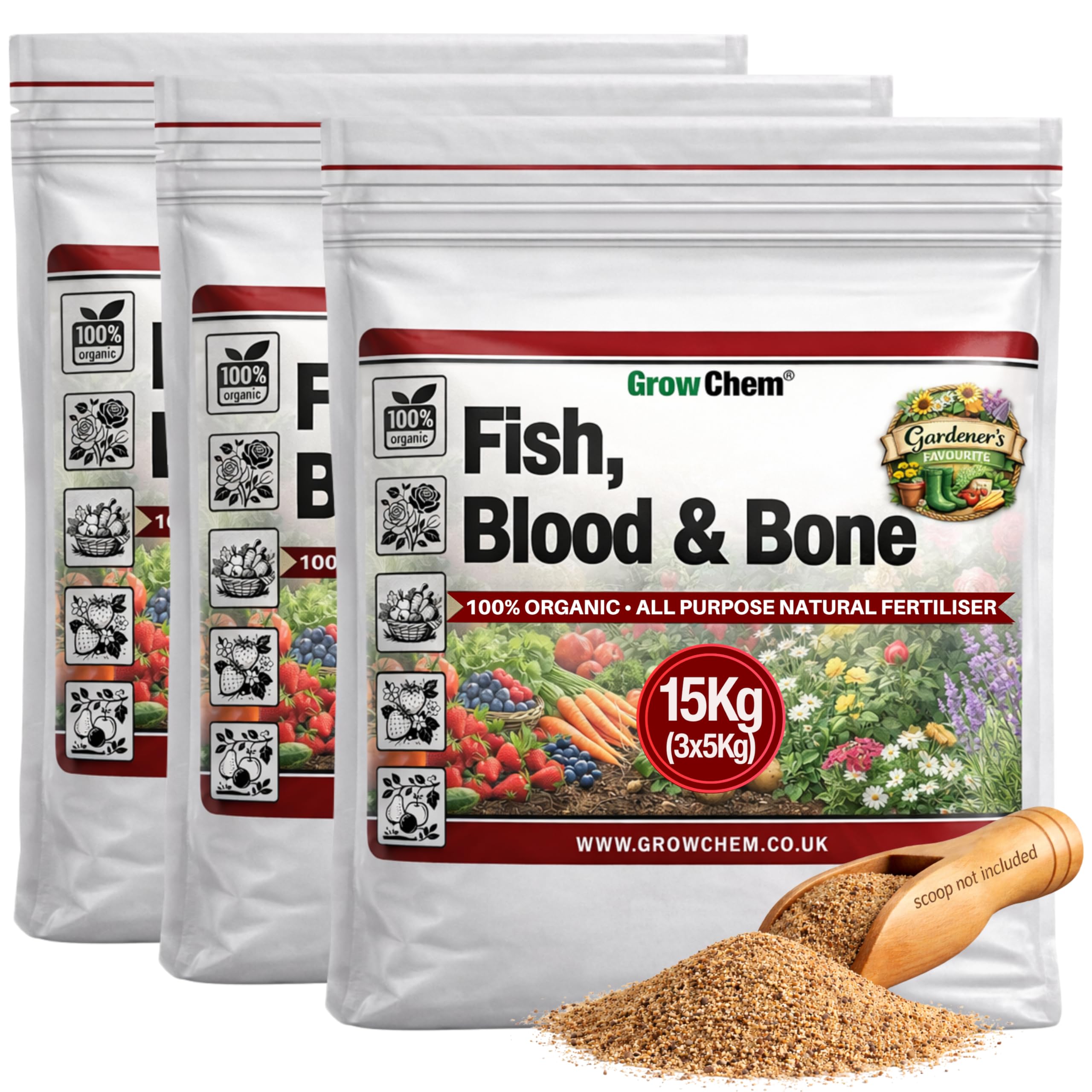 Grow Chem Fish, Blood & Bone Fertiliser -15Kg (3x5Kg bags) Multi-Purpose – Organic Fertiliser for Plants & Lawns – Nutrient-Packed Plant Food and Soil Activator for Strong, Healthy Produce and Flowers