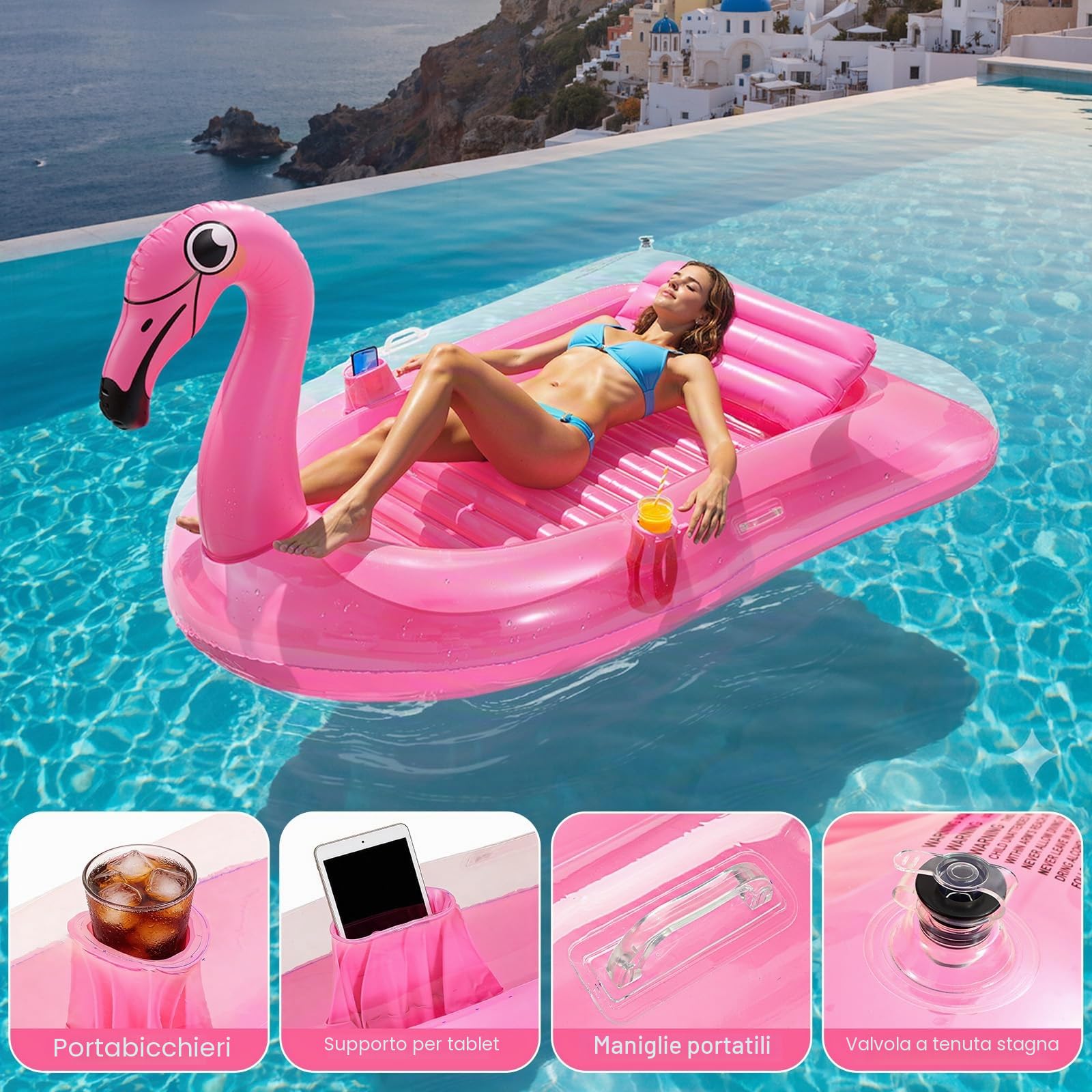HeySplash Lettino Abbronzante Gonfiabile, Materassino Gonfiabile da Flamingo con Portabicchieri, Cuscino Rimovibile e 2 Maniglie, Galleggiante per Adulti da Piscina, Spiaggia e Giardino