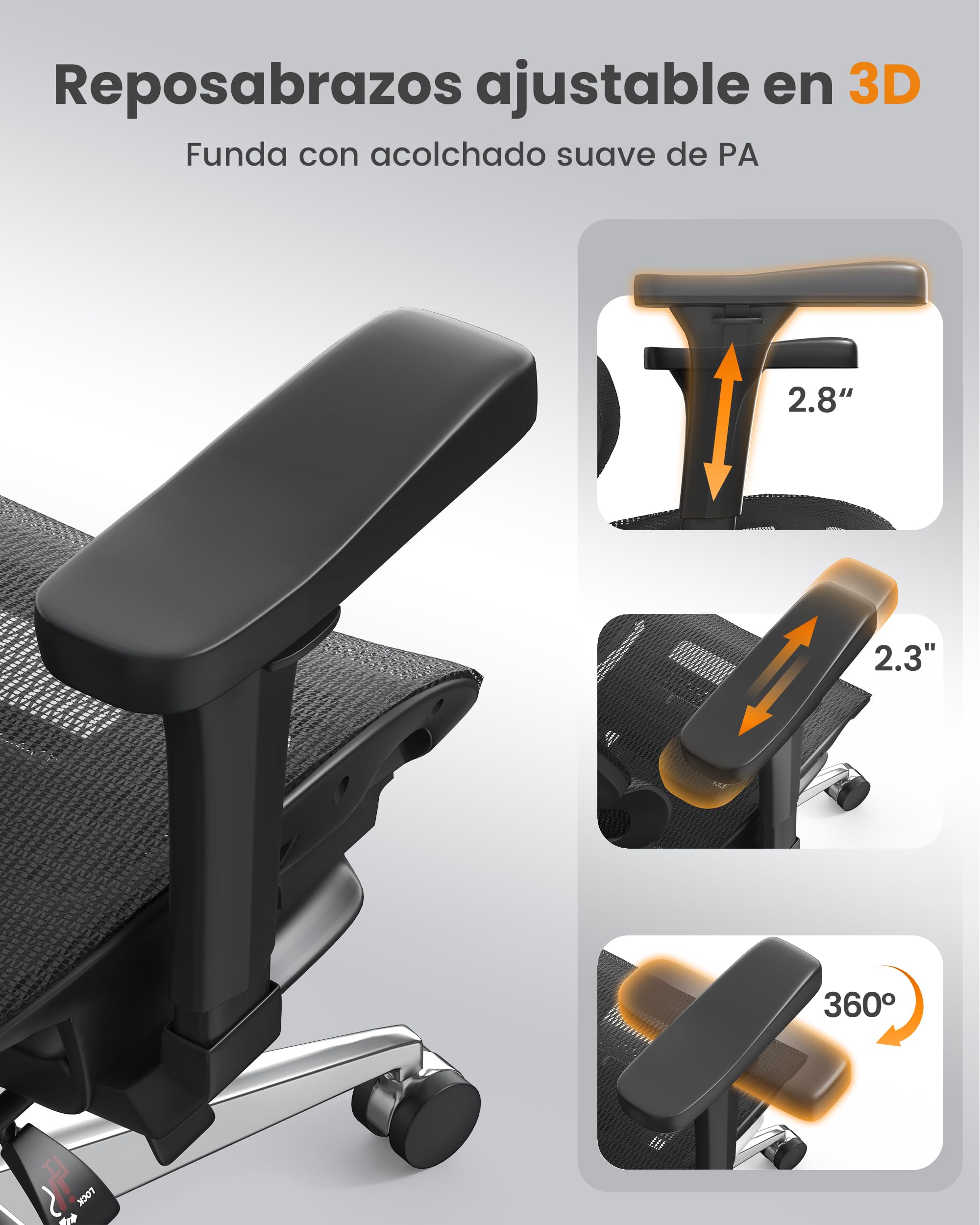 naspaluro Silla Ergonomica Escritorio con Reposapies, Load 160 kg, Negro | Malla transpirable, high back silla oficina, reposabrazos 3D, reposacabezas 3D, respaldo ajustable, inclinación 135 grados