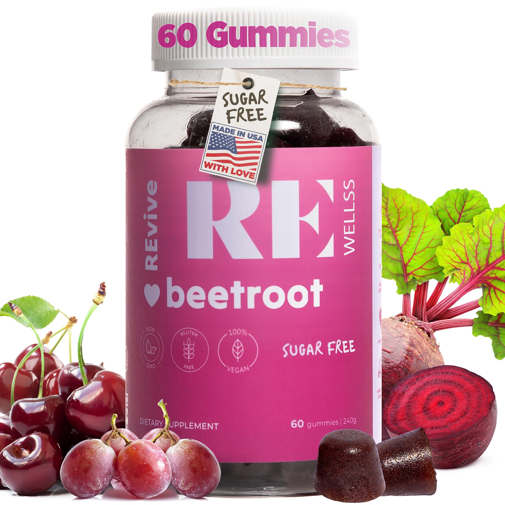 Beet Root Gummies with Grape Seed Extract Energy Supplements I Sugar Free Nitric Oxide Supplements for Men & Women I Overall Health & Blood Pressure Support I 60 Gummies - Cherry Flavor