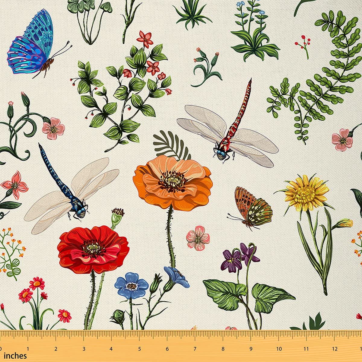 Richhome Wws15508 Poppy Fabric By The Yard Wild Dragonfly Butterfly Retro Flowers Fabric For Sewing Lovers Watercolor Sunflowers Plants Rustic Style Fabric For Room Decor And Diy Upholstery 2 Yards