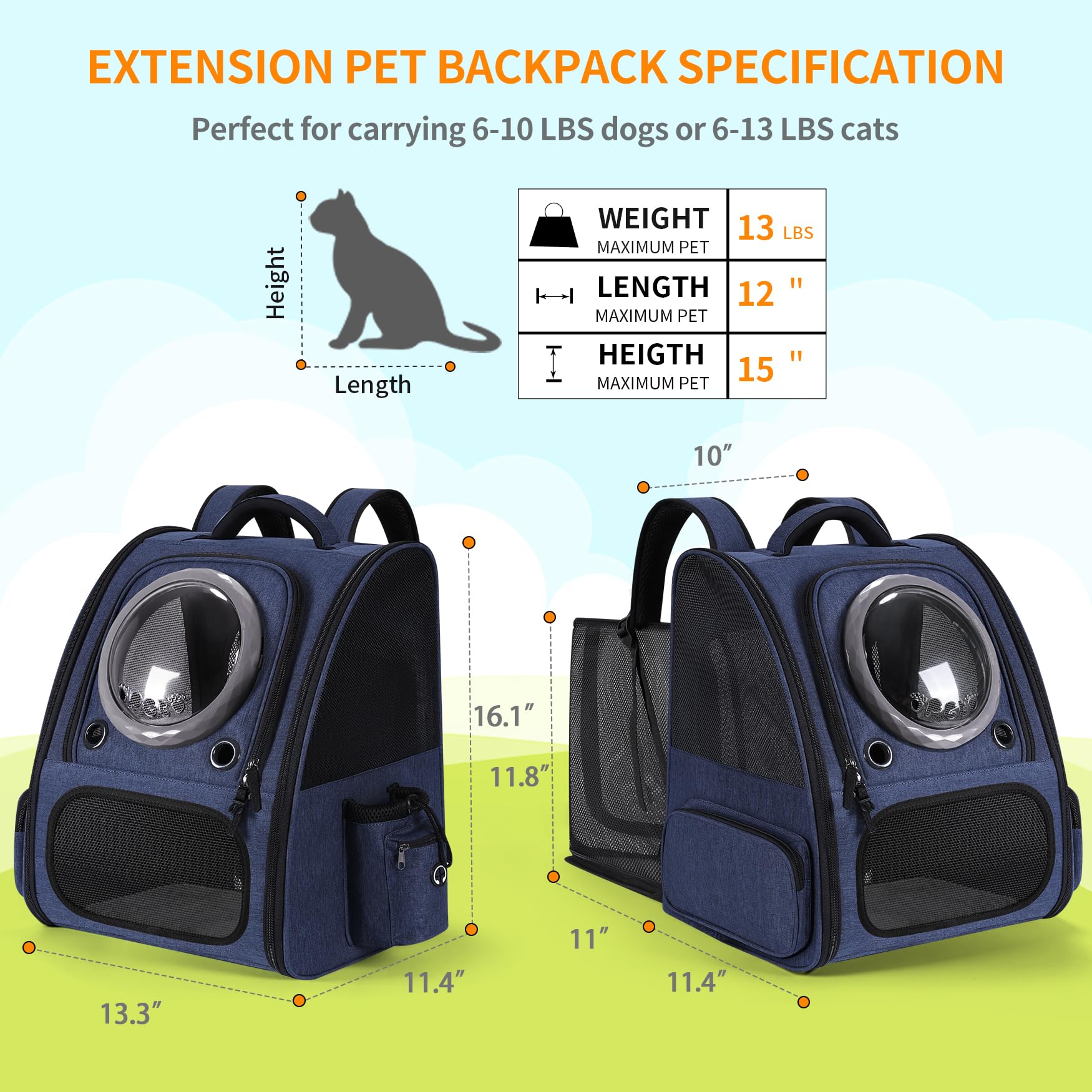 Bubble Cat Backpack Carrier, Expandable Cat Carrier Backpack,Breathable Pet Backpack for Medium Cat,Kitten and Small Puppy, Large Space,Portable Bags Foldable Dog Backpack for Traveling,Hiking (Blue) - image 2