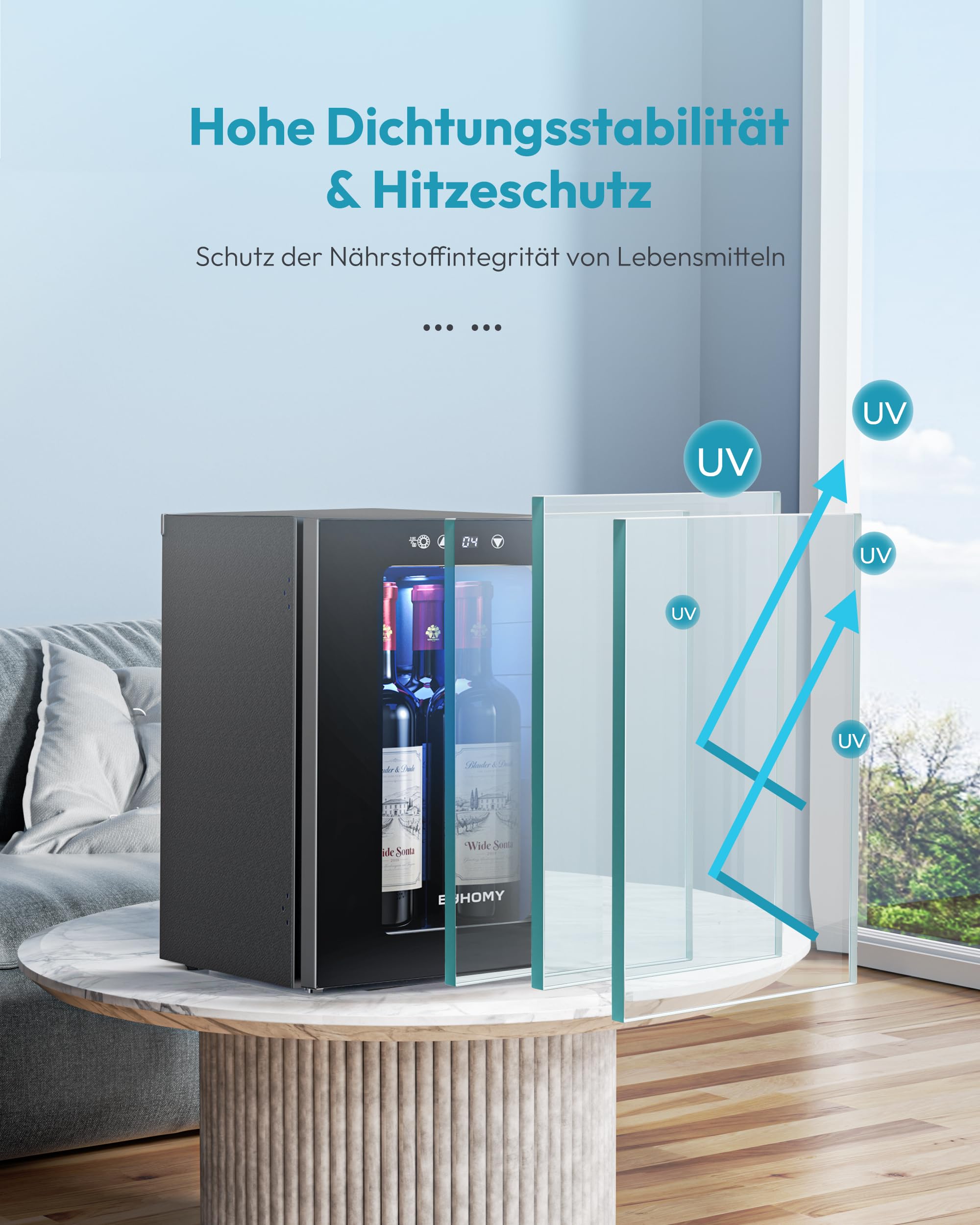 EUHOMY 18L Getränkekühlschrank Mini Kühlschrank Glastür LED Digitalanzeige Bierkühler